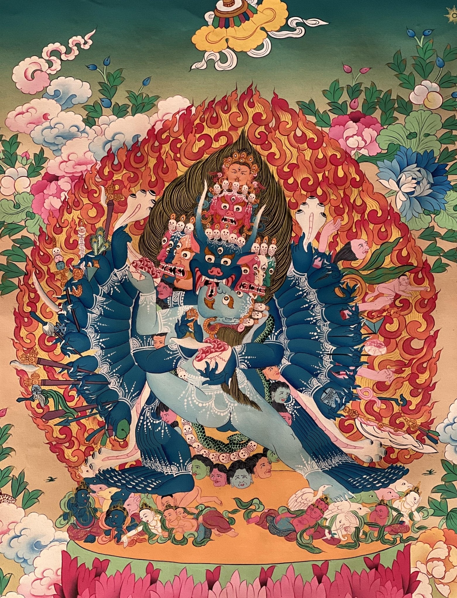 Hand Painted Original Yamantaka with Consort Shakti Masterpiece Smoky Tibetan Thangka Painting/ Wall Hanging/ Compassion Meditation Art - Tibetan Thangka Art