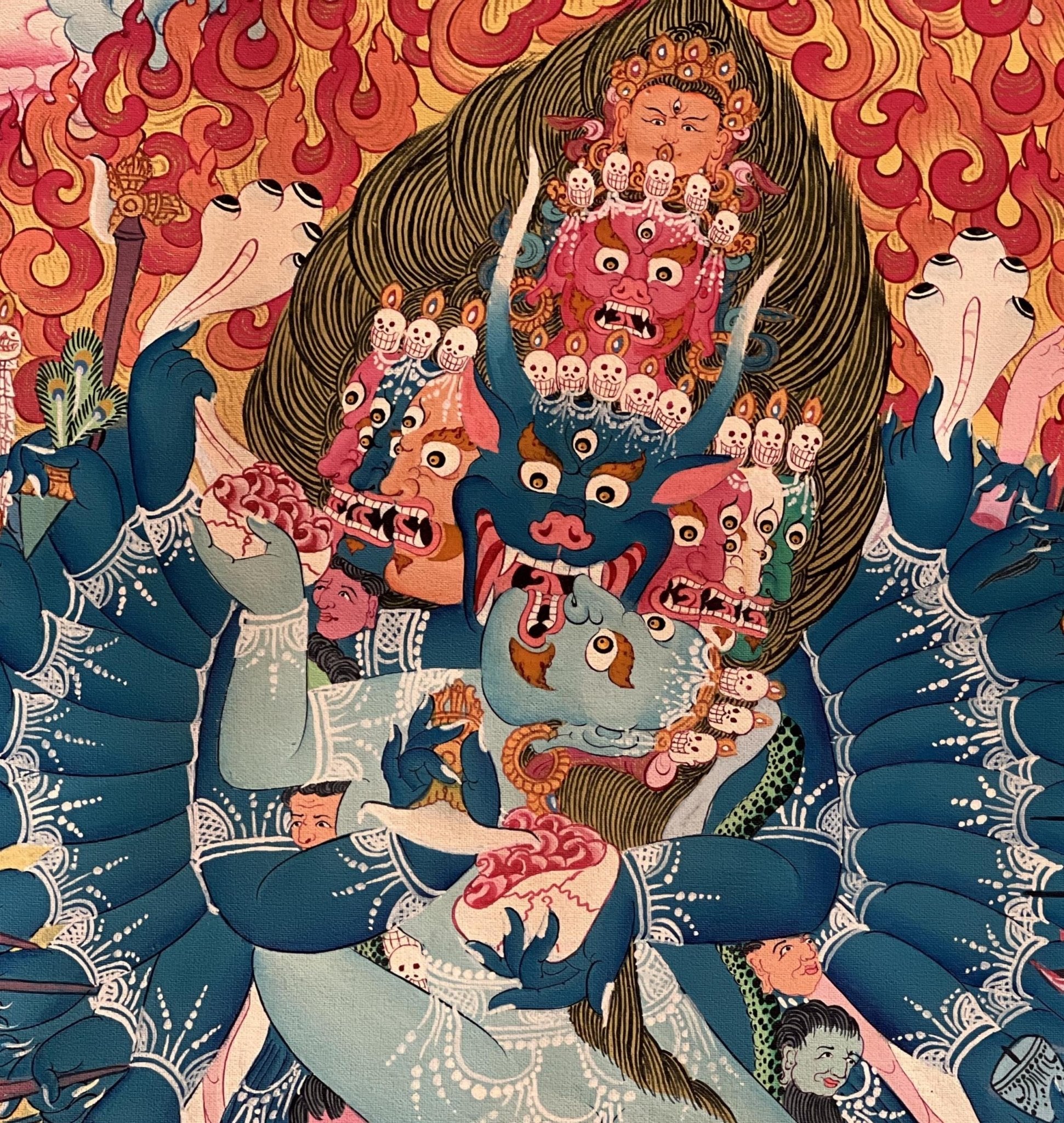 Hand Painted Original Yamantaka with Consort Shakti Masterpiece Smoky Tibetan Thangka Painting/ Wall Hanging/ Compassion Meditation Art - Tibetan Thangka Art