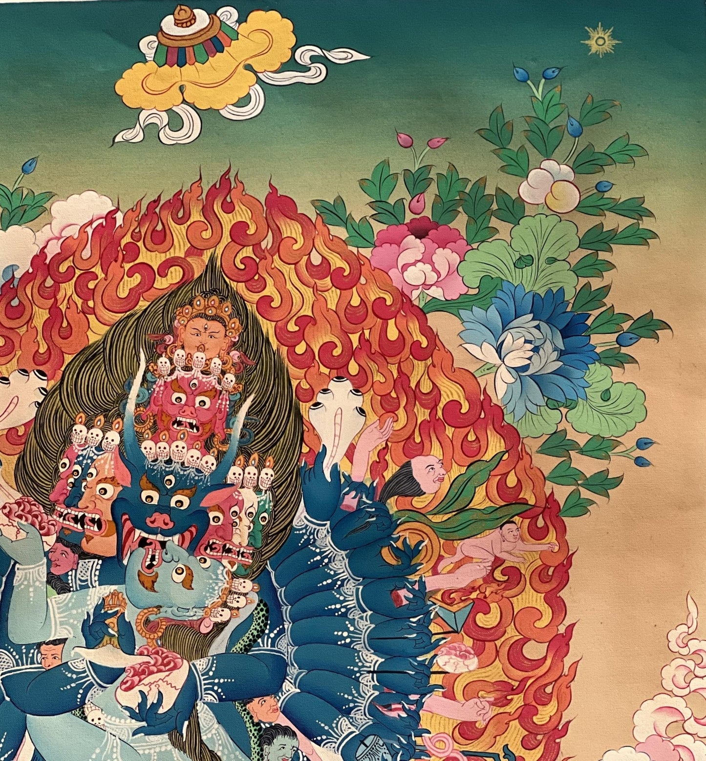 Hand Painted Original Yamantaka with Consort Shakti Masterpiece Smoky Tibetan Thangka Painting/ Wall Hanging/ Compassion Meditation Art - Tibetan Thangka Art
