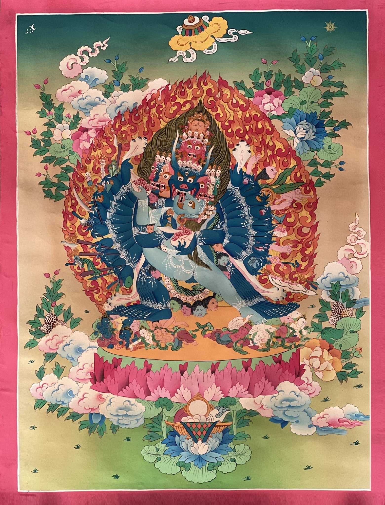 Hand Painted Original Yamantaka with Consort Shakti Masterpiece Smoky Tibetan Thangka Painting/ Wall Hanging/ Compassion Meditation Art - Tibetan Thangka Art