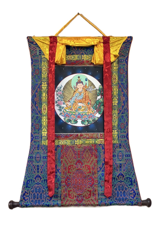 Hand Painted Padmasambhava/ Guru Rinpoche Tibetan Thangka Painting Original Art with High - Quality Silk Brocade - Tibetan Thangka Art