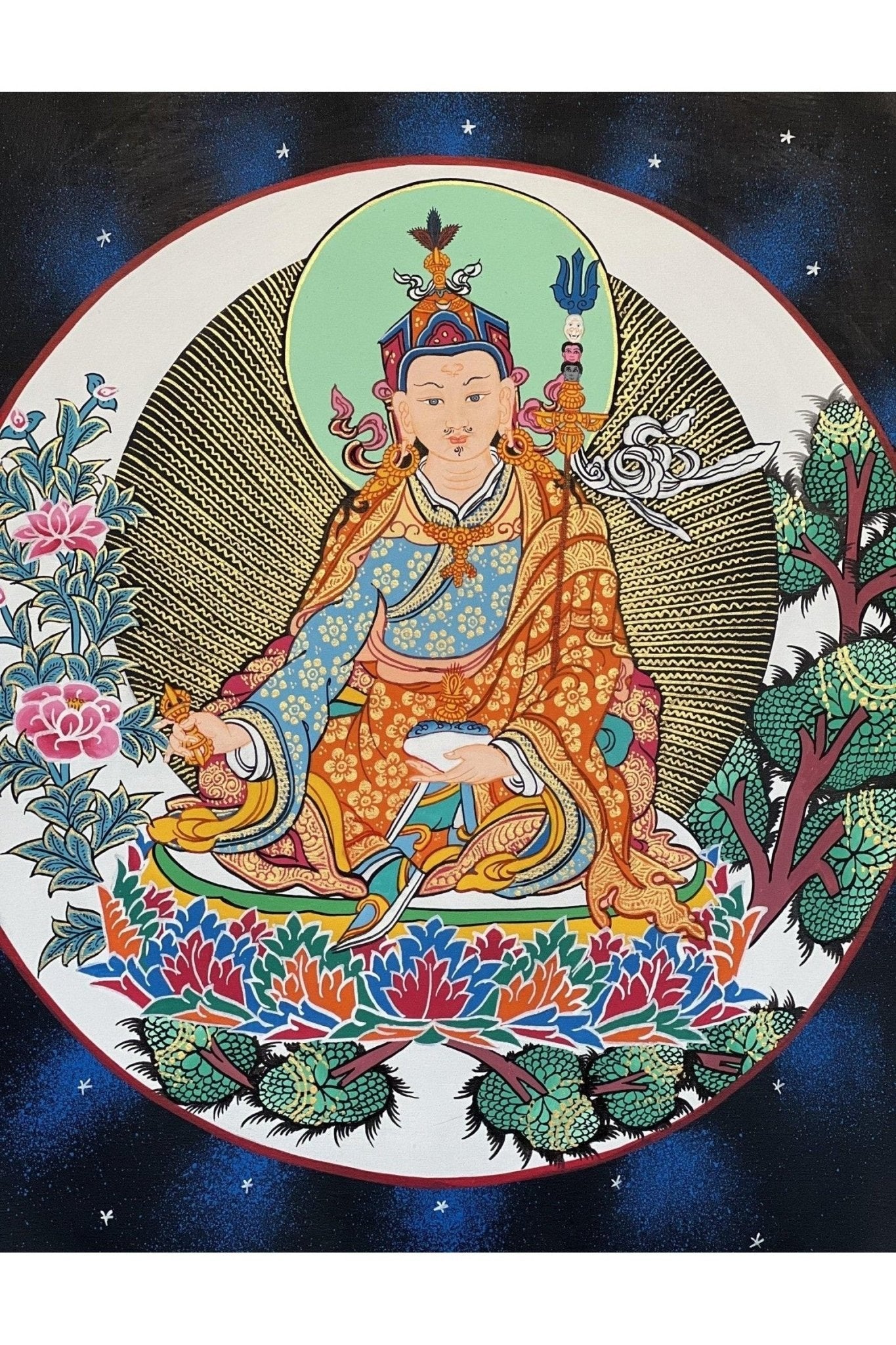 Hand Painted Padmasambhava/ Guru Rinpoche Tibetan Thangka Painting Original Art with High - Quality Silk Brocade - Tibetan Thangka Art