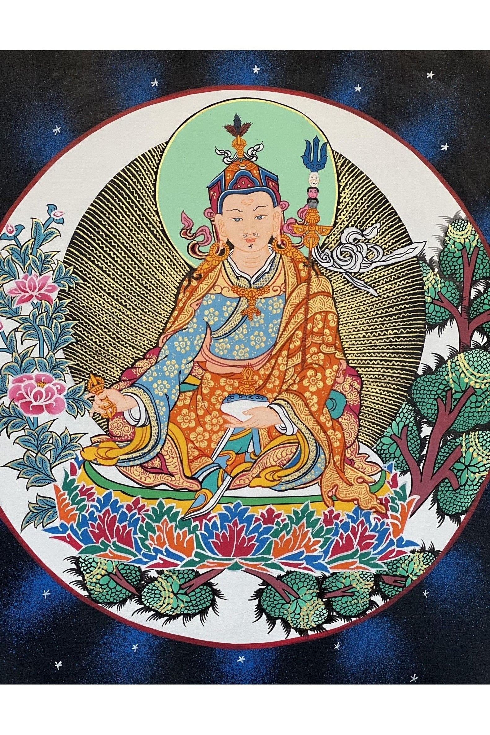 Hand Painted Padmasambhava/ Guru Rinpoche Tibetan Thangka Painting Original Art with High - Quality Silk Brocade - Tibetan Thangka Art