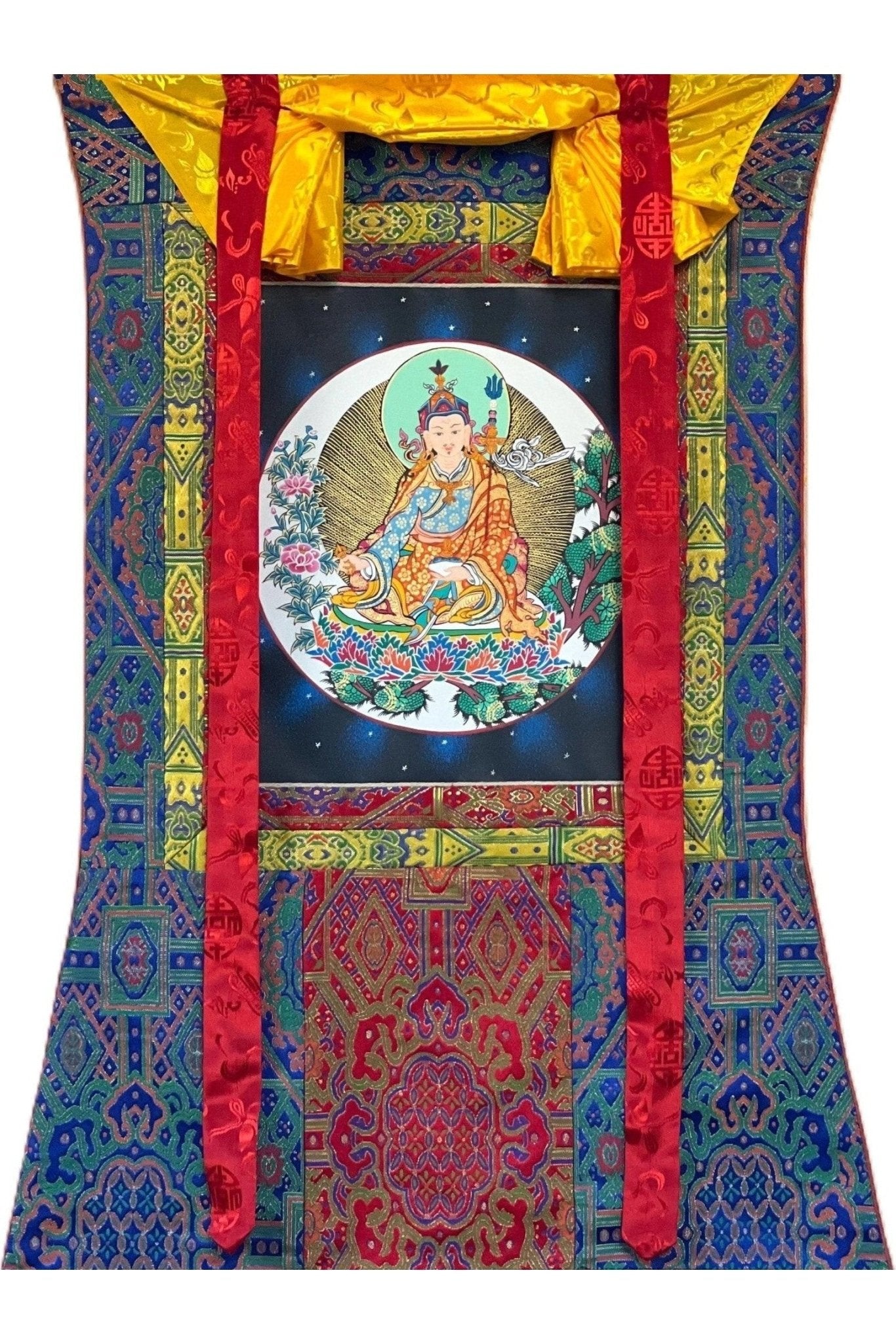 Hand Painted Padmasambhava/ Guru Rinpoche Tibetan Thangka Painting Original Art with High - Quality Silk Brocade - Tibetan Thangka Art