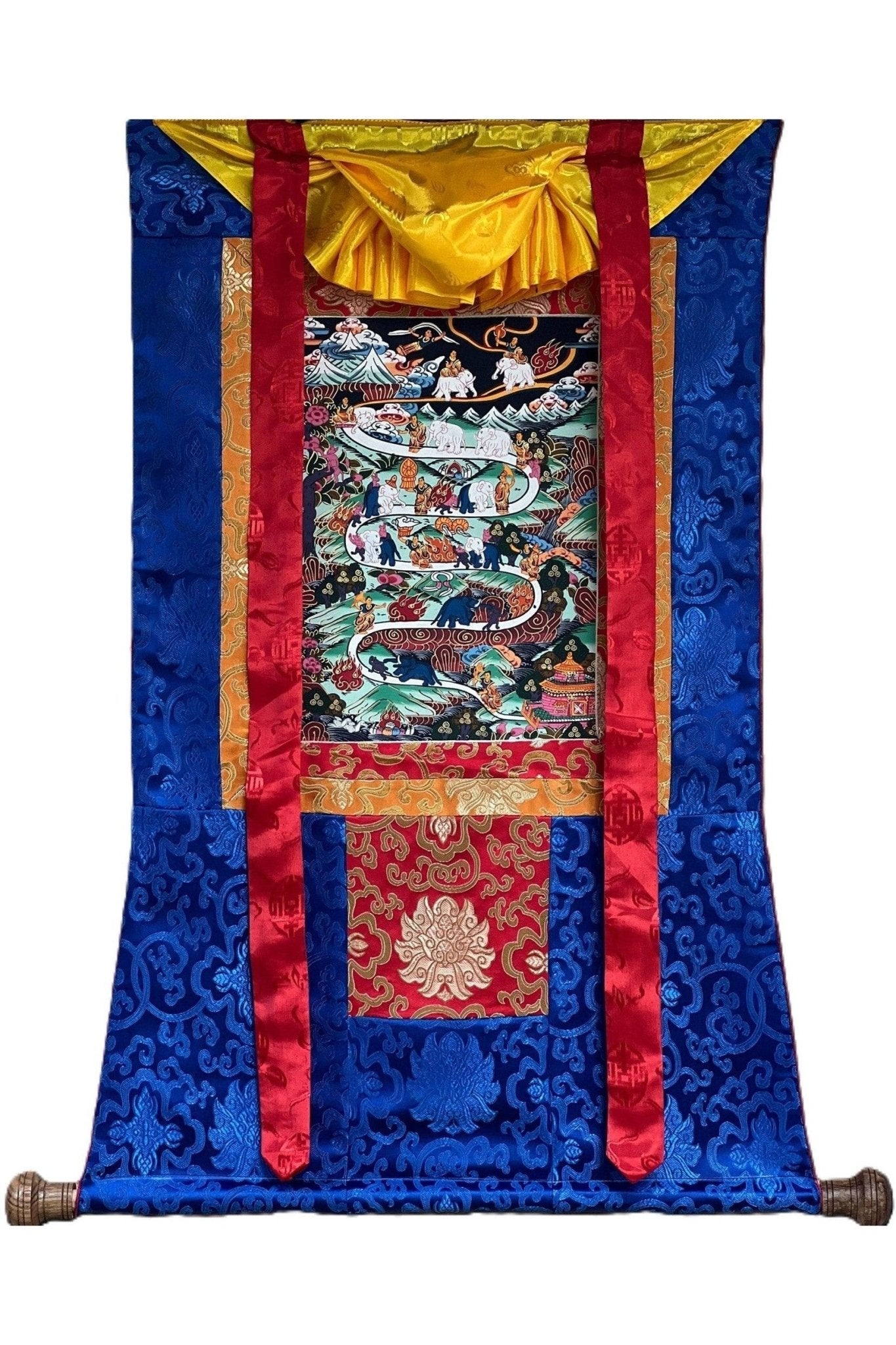Hand Painted Samatha Nine Stages of Meditation Way to Heaven Way to Nirvana Tibetan Thangka Painting Original Art with Silk Frame - Tibetan Thangka Art
