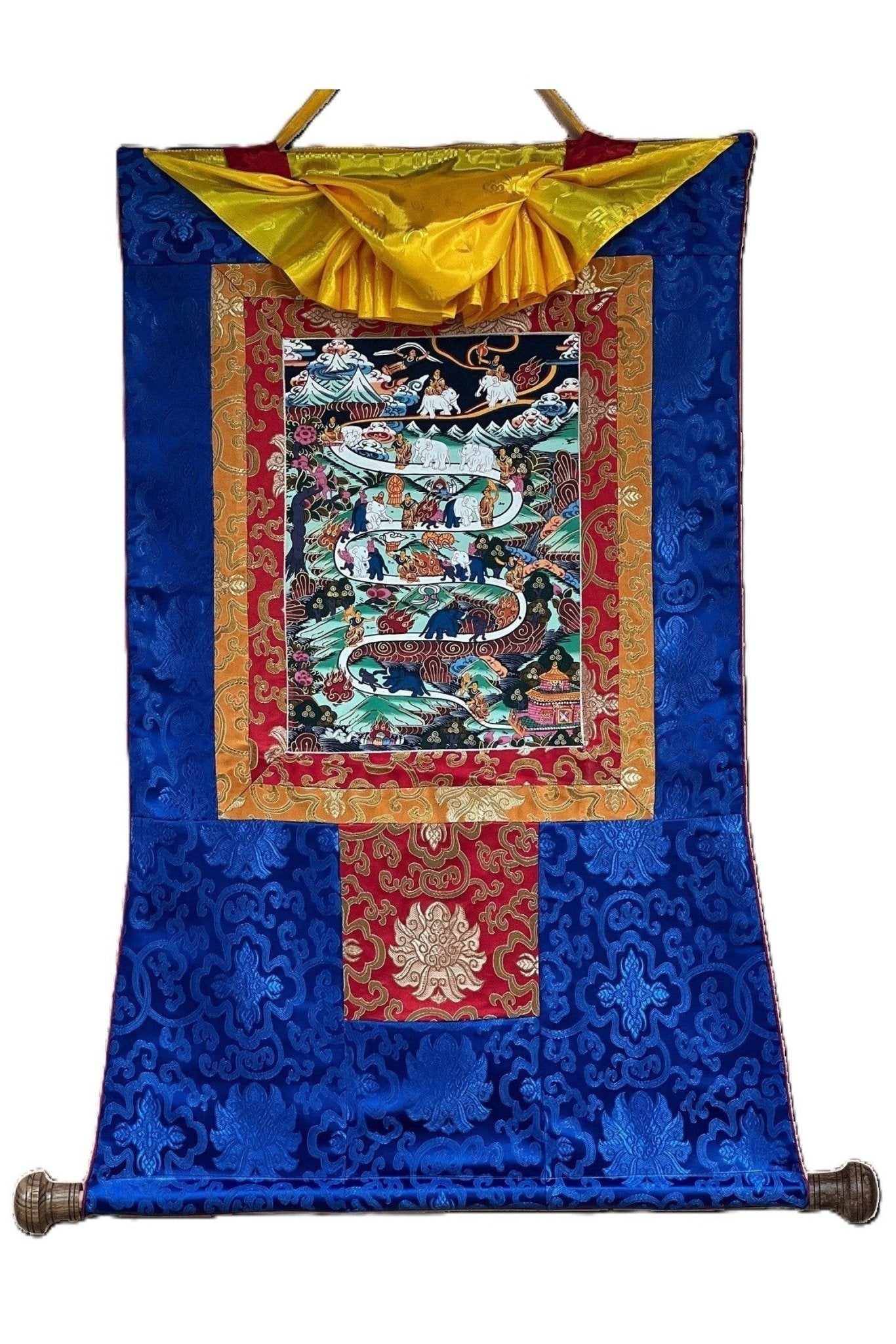 Hand Painted Samatha Nine Stages of Meditation Way to Heaven Way to Nirvana Tibetan Thangka Painting Original Art with Silk Frame - Tibetan Thangka Art