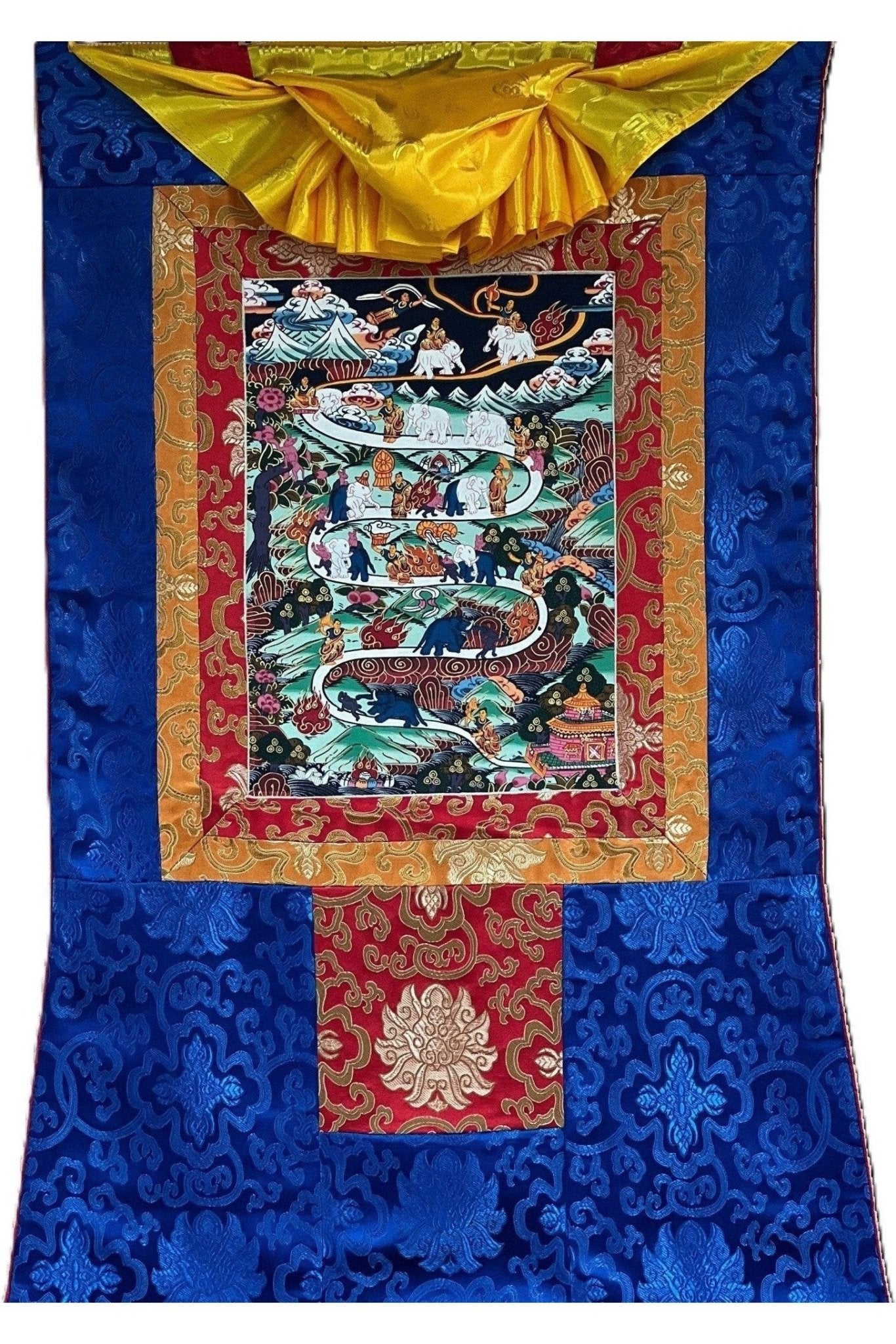 Hand Painted Samatha Nine Stages of Meditation Way to Heaven Way to Nirvana Tibetan Thangka Painting Original Art with Silk Frame - Tibetan Thangka Art
