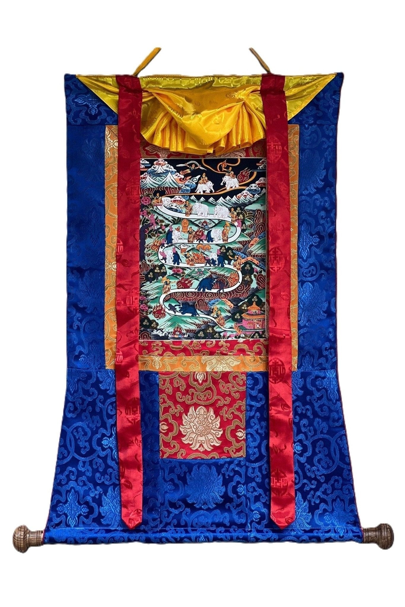 Hand Painted Samatha Nine Stages of Meditation Way to Heaven Way to Nirvana Tibetan Thangka Painting Original Art with Silk Frame - Tibetan Thangka Art