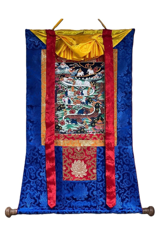 Hand Painted Samatha Nine Stages of Meditation Way to Heaven Way to Nirvana Tibetan Thangka Painting Original Art with Silk Frame - Tibetan Thangka Art