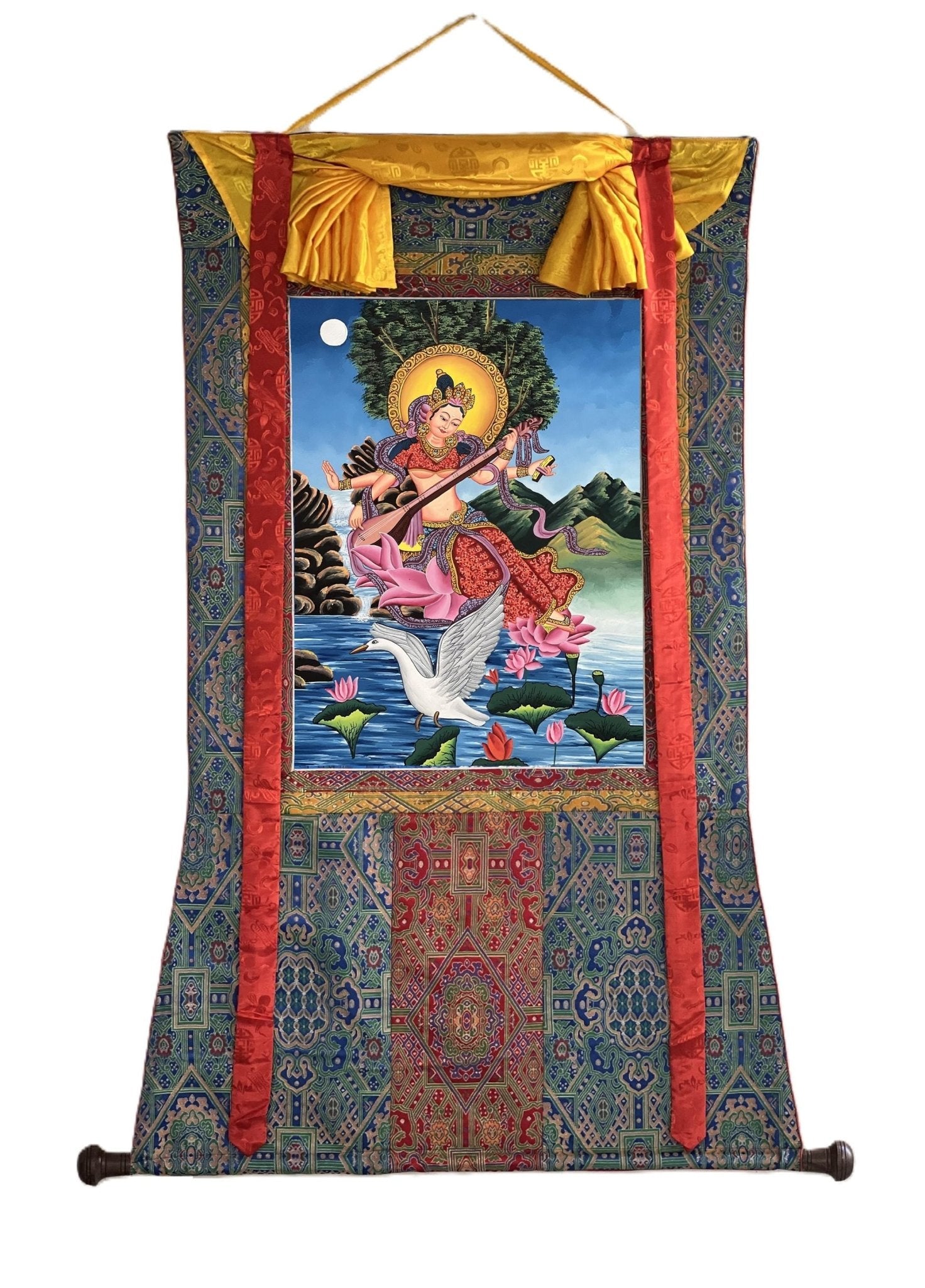 Hand - Painted Saraswati ( Sarasvati ) Thangka | Newari Paubha Art | Goddess of Learning, Music and Art | Luxury Silk Brocade Mount - Tibetan Thangka Art