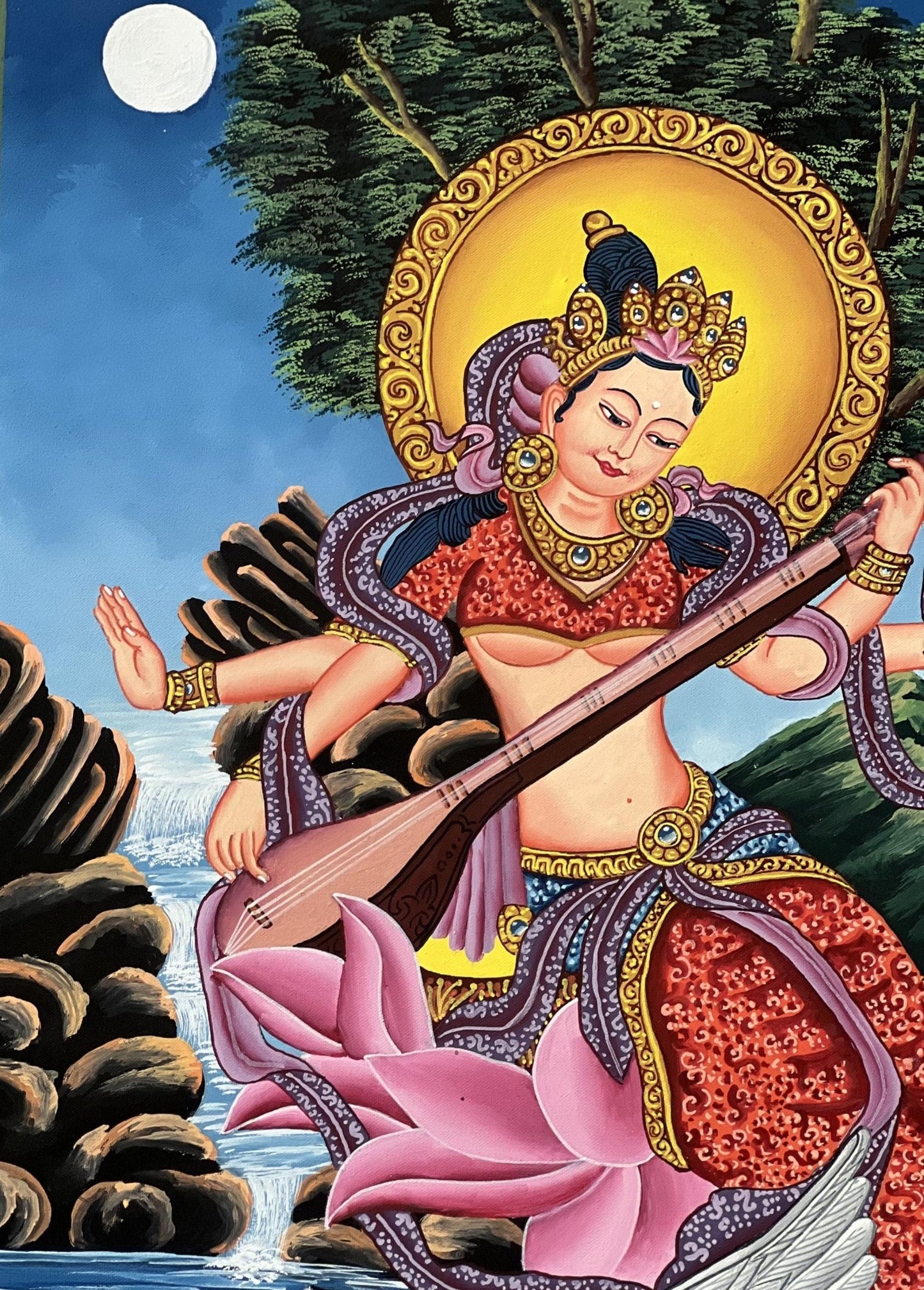 Hand - Painted Saraswati ( Sarasvati ) Thangka | Newari Paubha Art | Goddess of Learning, Music and Art | Luxury Silk Brocade Mount - Tibetan Thangka Art