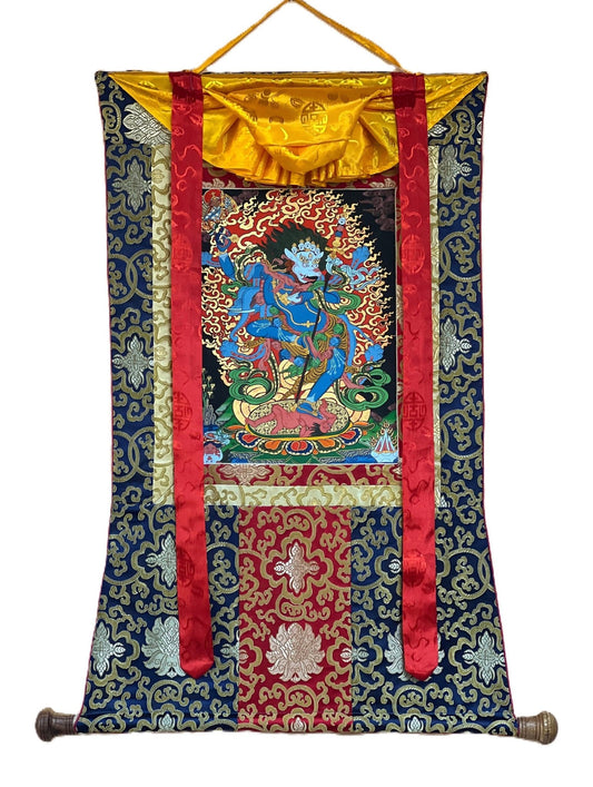 Hand - Painted Simhamukhi Yogini Lion - Faced Dakini Vajra Yogini Tibetan Thangka Painting Bordered with Silk - Tibetan Thangka Art