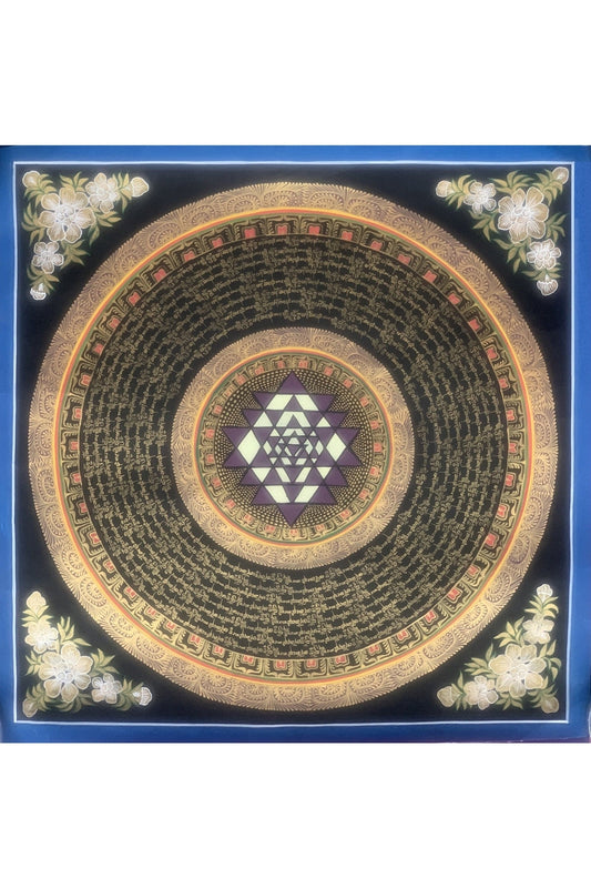 Hand Painted SriYantra Mantra Mandala, Wheel of Life, Meditation Thangka Painting, Original Art, Wall Hanging - Tibetan Thangka Art