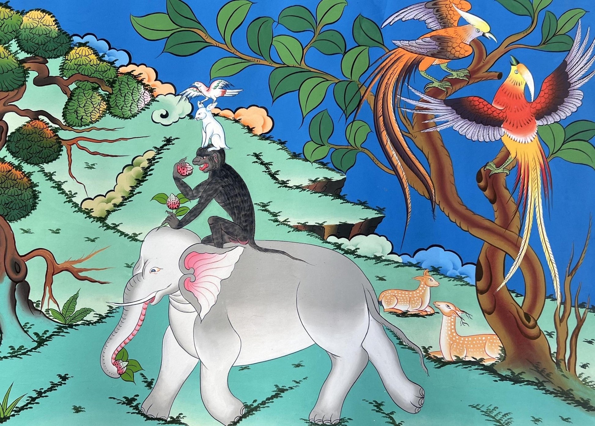 Hand - Painted Tibetan Thangka Painting - Four Harmonious Friends for Good Luck and Family Harmony - Large Wall Art Decor, Masterpiece Art - Tibetan Thangka Art