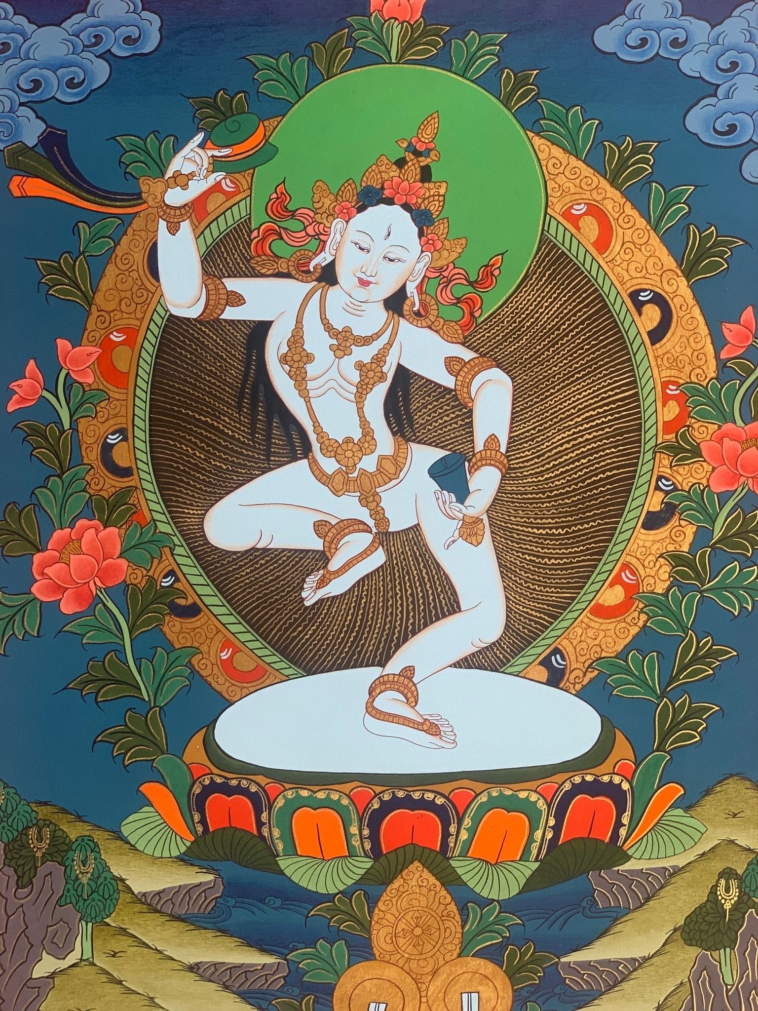 Hand - Painted Tibetan Yogini Thangka - Machig Labdron/Ahdron Chodron Art - Premium Silk Brocade Wall Hanging - Buddhist Decor for Home - Tibetan Thangka Art
