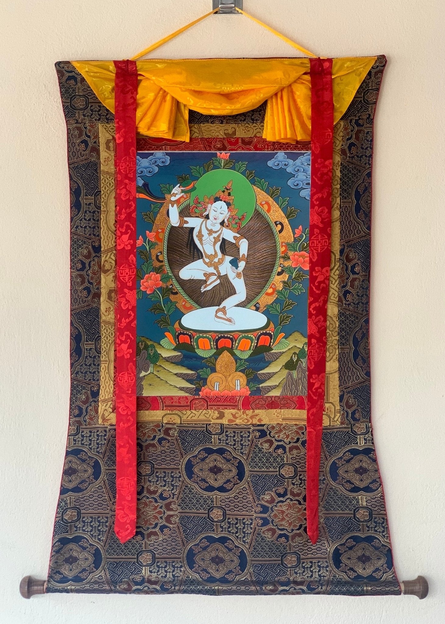 Hand - Painted Tibetan Yogini Thangka - Machig Labdron/Ahdron Chodron Art - Premium Silk Brocade Wall Hanging - Buddhist Decor for Home - Tibetan Thangka Art
