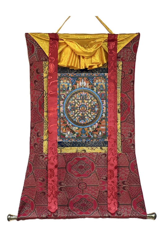 Hand - Painted Wheel of Life/ Buddha Life Bhavachakra Mandala Tibetan Thangka Painting Original Art with High - Quality Silk Brocade - Tibetan Thangka Art