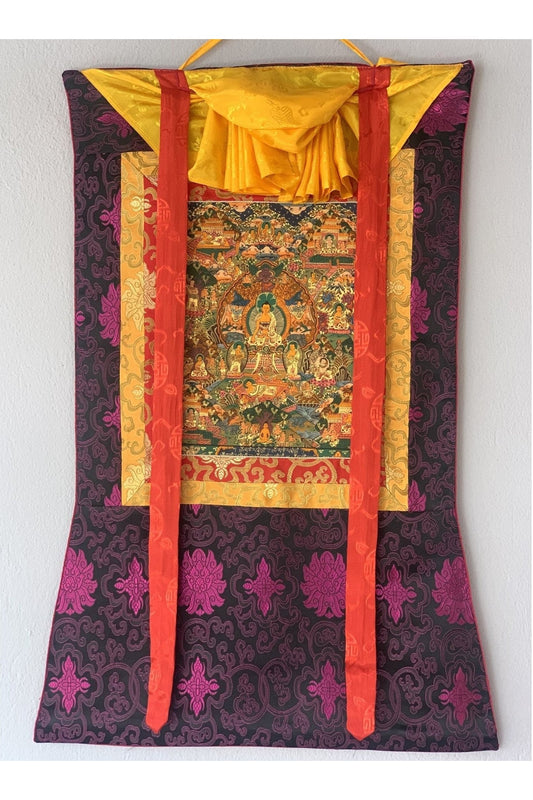 Hand Painted Wheel of Life, Buddha Life, Mandala, Thangka Painting, Original Art with Silk Brocade - Tibetan Thangka Art