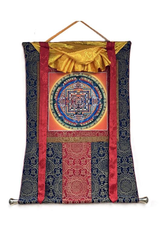 Hand Painted Wheel of Life, Kalachakra Mandala, Thangka Painting, Original Art with Silk Brocade - Tibetan Thangka Art
