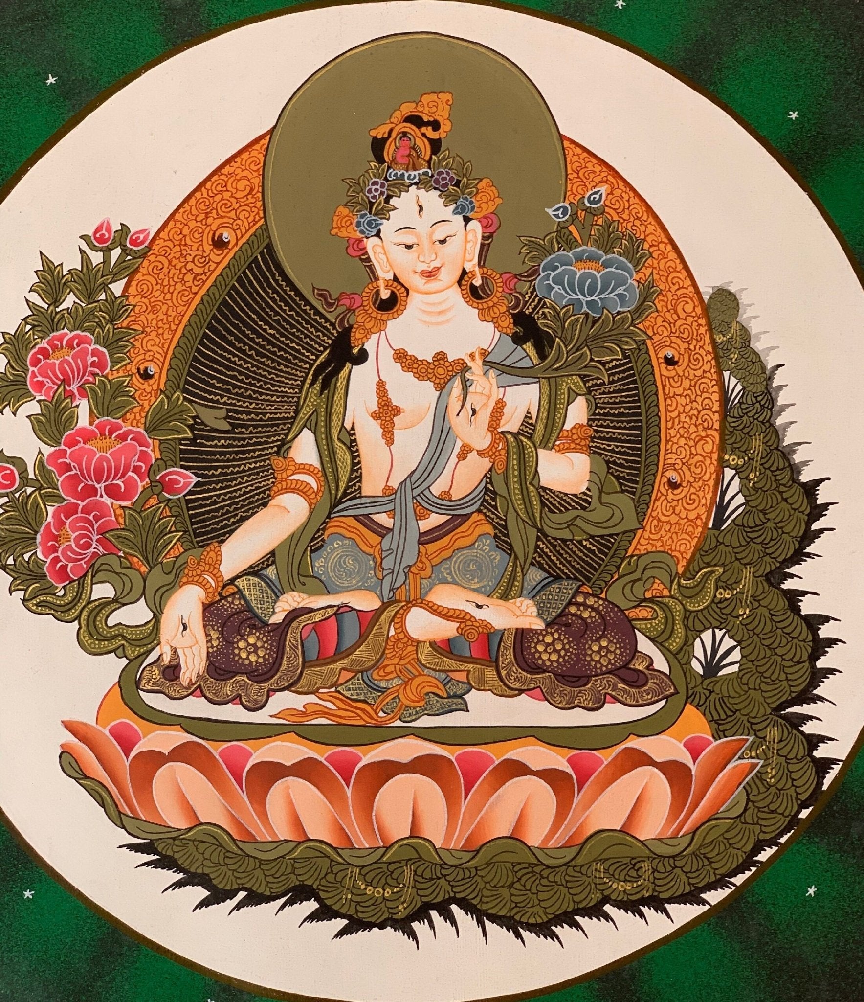 Hand - painted White Tara, Mother Goddess, Thangka, Art, Painting with Silk Brocade - Tibetan Thangka Art