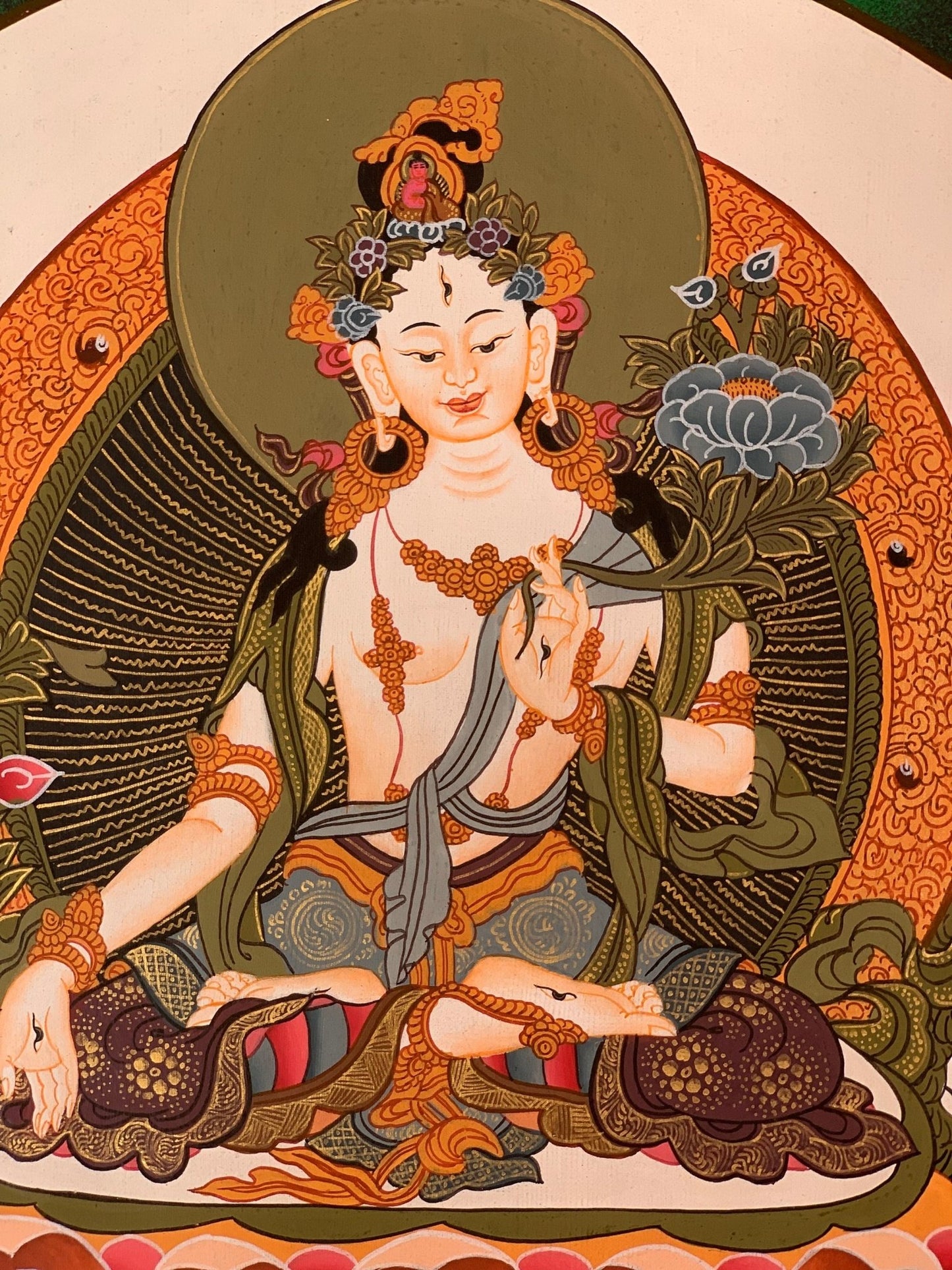 Hand - painted White Tara, Mother Goddess, Thangka, Art, Painting with Silk Brocade - Tibetan Thangka Art