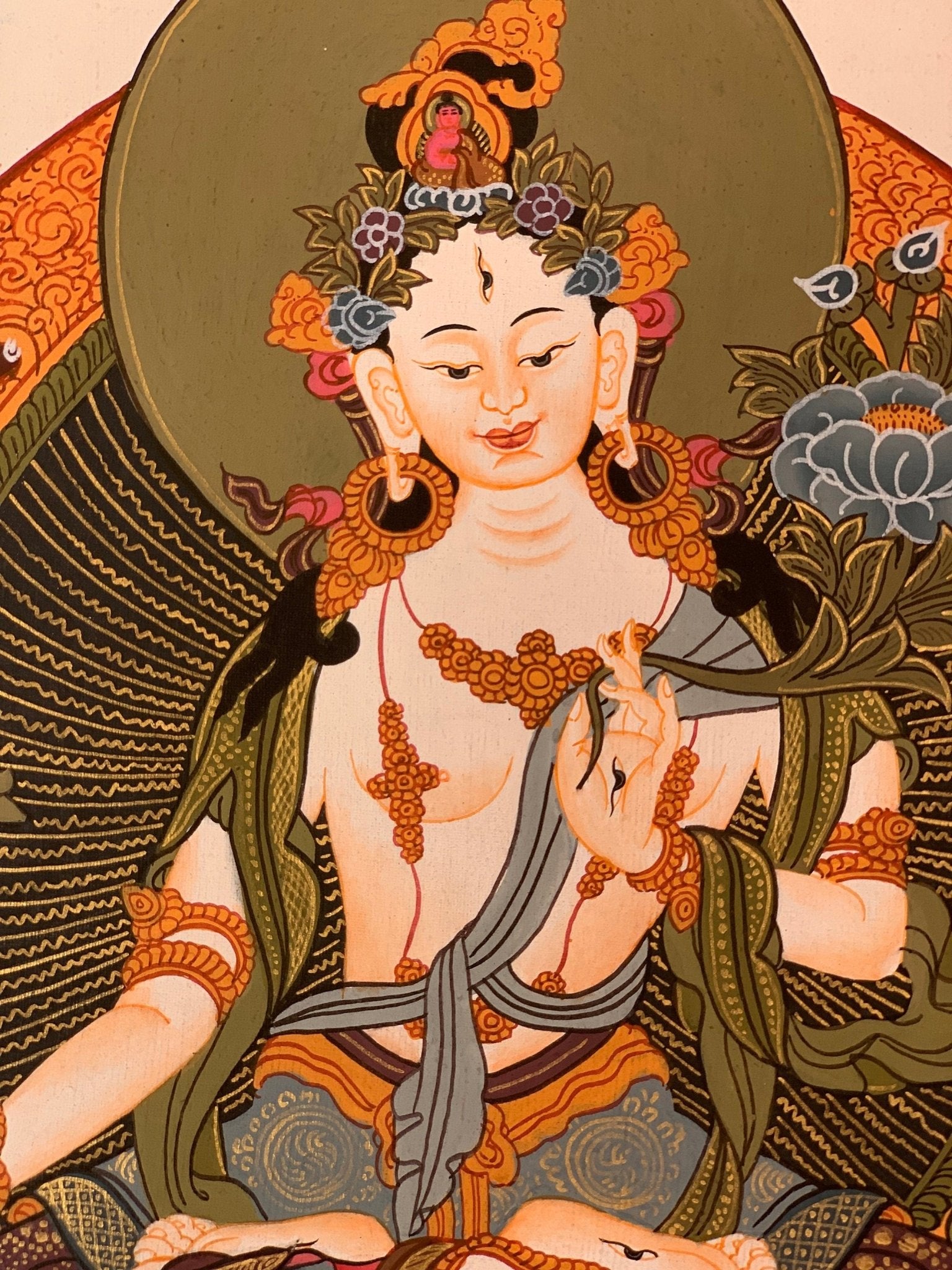 Hand - painted White Tara, Mother Goddess, Thangka, Art, Painting with Silk Brocade - Tibetan Thangka Art