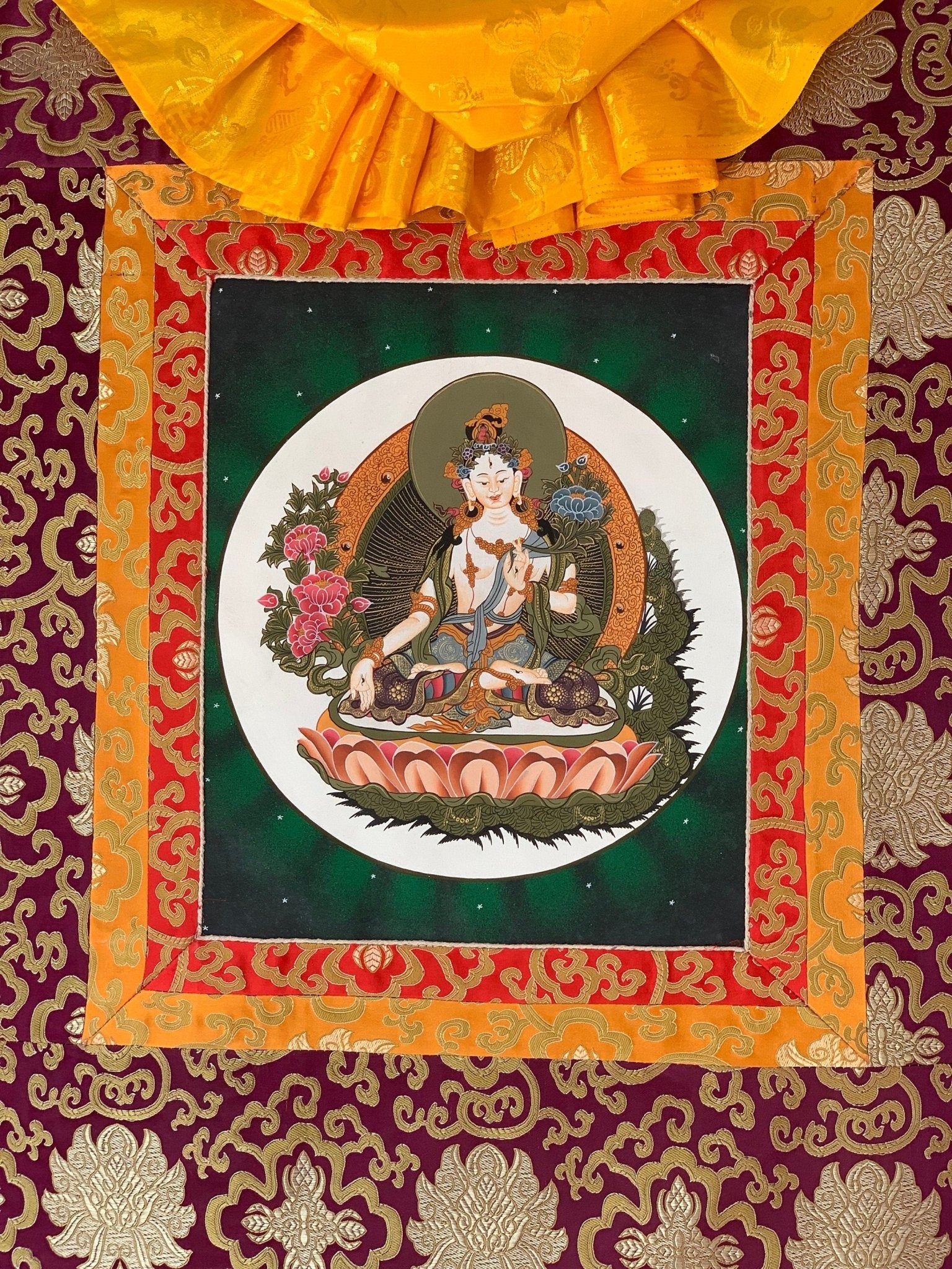 Hand - painted White Tara, Mother Goddess, Thangka, Art, Painting with Silk Brocade - Tibetan Thangka Art