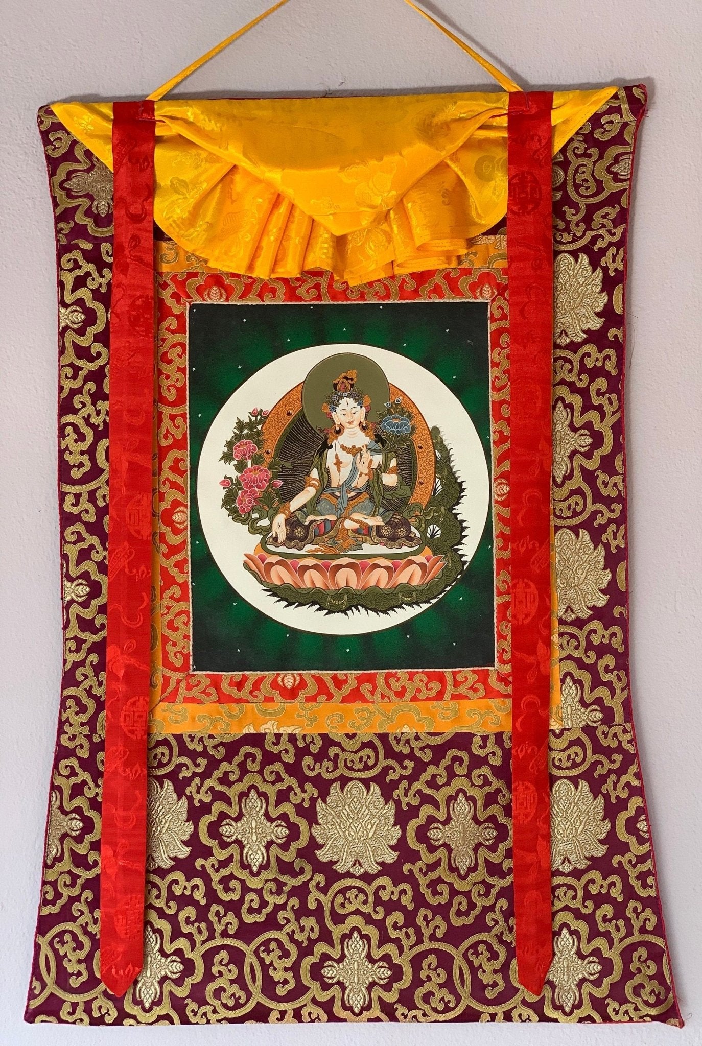 Hand - painted White Tara, Mother Goddess, Thangka, Art, Painting with Silk Brocade - Tibetan Thangka Art