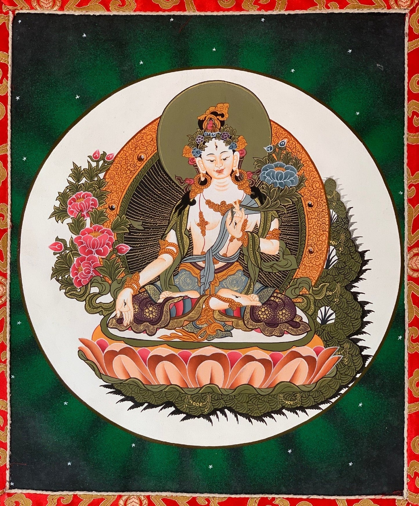 Hand - painted White Tara, Mother Goddess, Thangka, Art, Painting with Silk Brocade - Tibetan Thangka Art