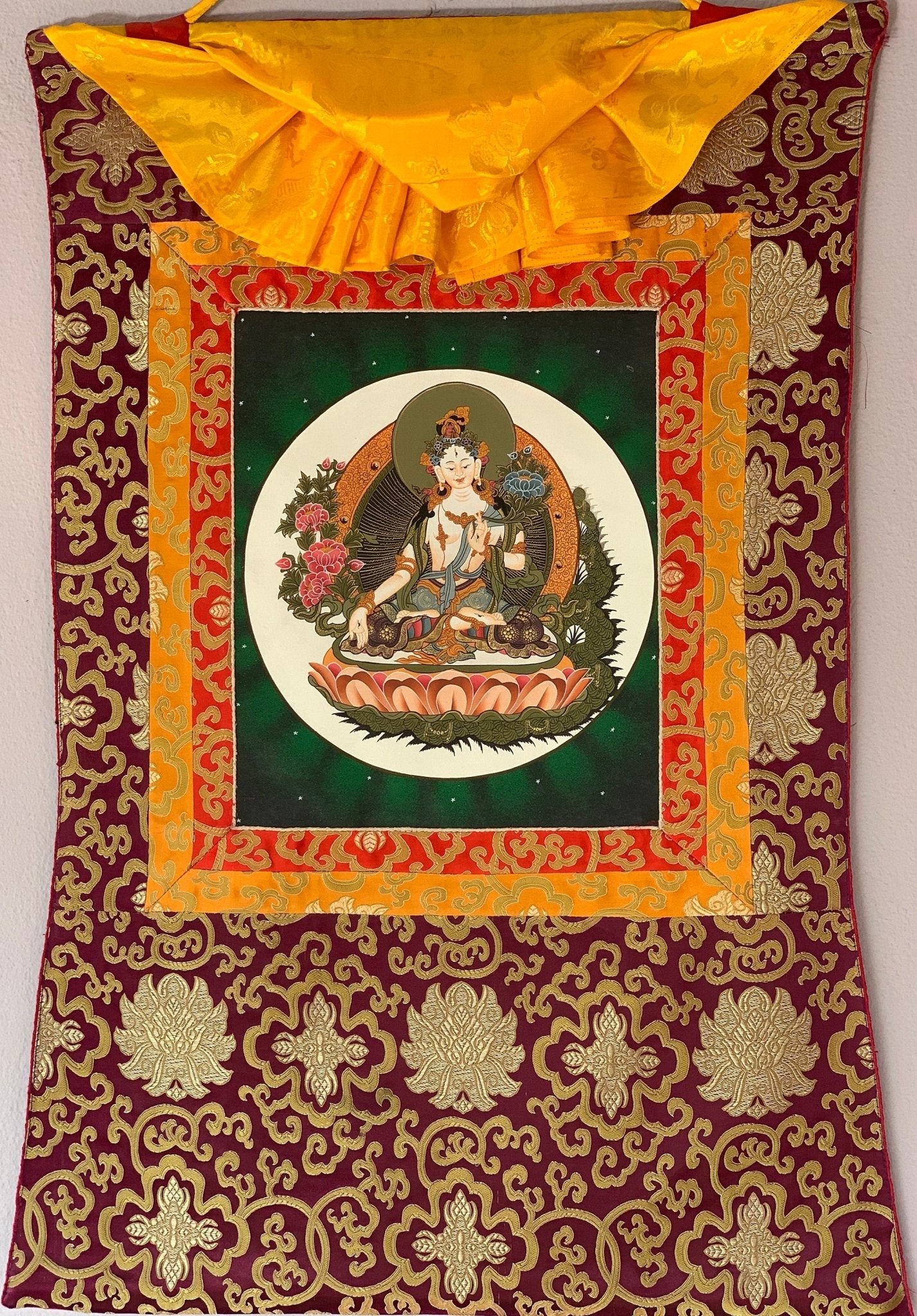 Hand - painted White Tara, Mother Goddess, Thangka, Art, Painting with Silk Brocade - Tibetan Thangka Art
