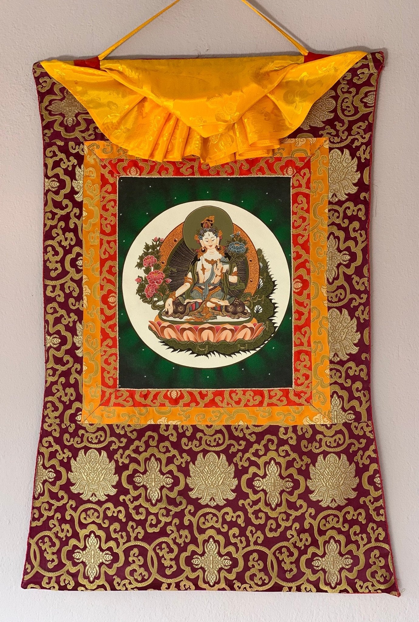 Hand - painted White Tara, Mother Goddess, Thangka, Art, Painting with Silk Brocade - Tibetan Thangka Art