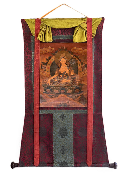 Hand - Painted White Tara Thangka - Old Tibetan Oil Painting of Mother Goddess - Compassion Meditation Art Mounted with Silk Brocade - Tibetan Thangka Art