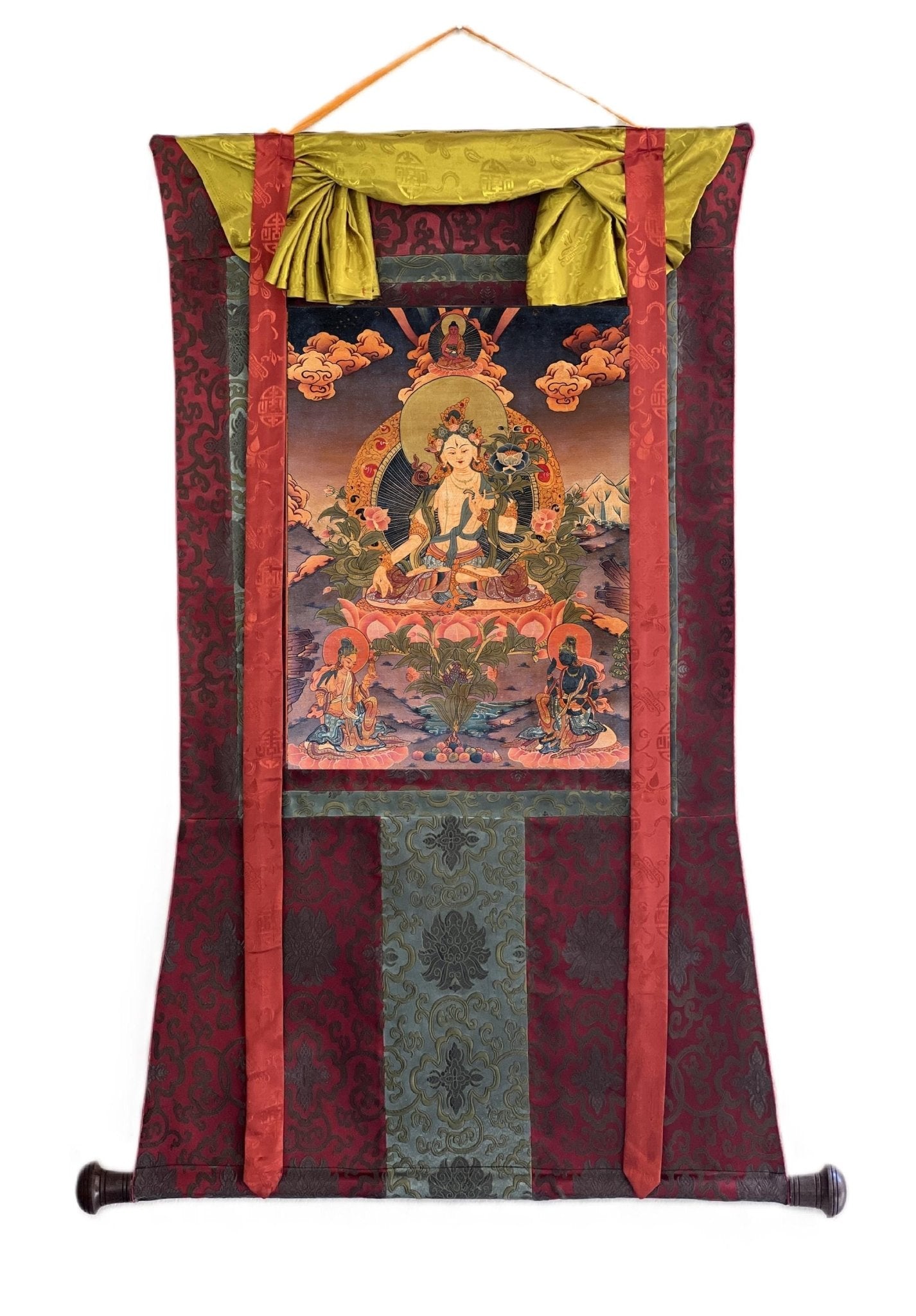 Hand - Painted White Tara Thangka - Semi - Antique Gold and Silver Tibetan Art for Compassion & Meditation - Silk Brocade Mounted - Tibetan Thangka Art