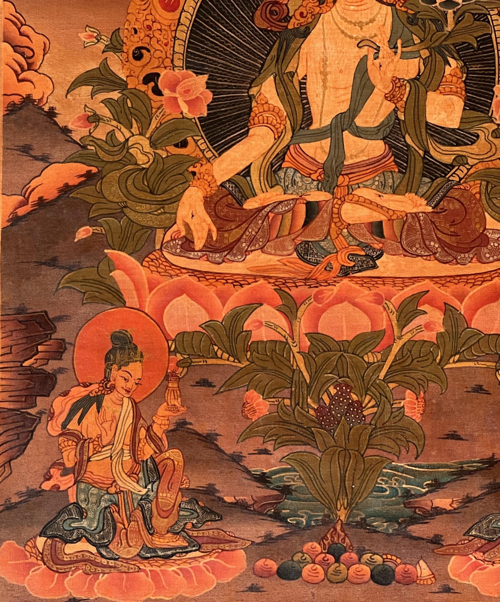 Hand - Painted White Tara Thangka - Semi - Antique Gold and Silver Tibetan Art for Compassion & Meditation - Silk Brocade Mounted - Tibetan Thangka Art