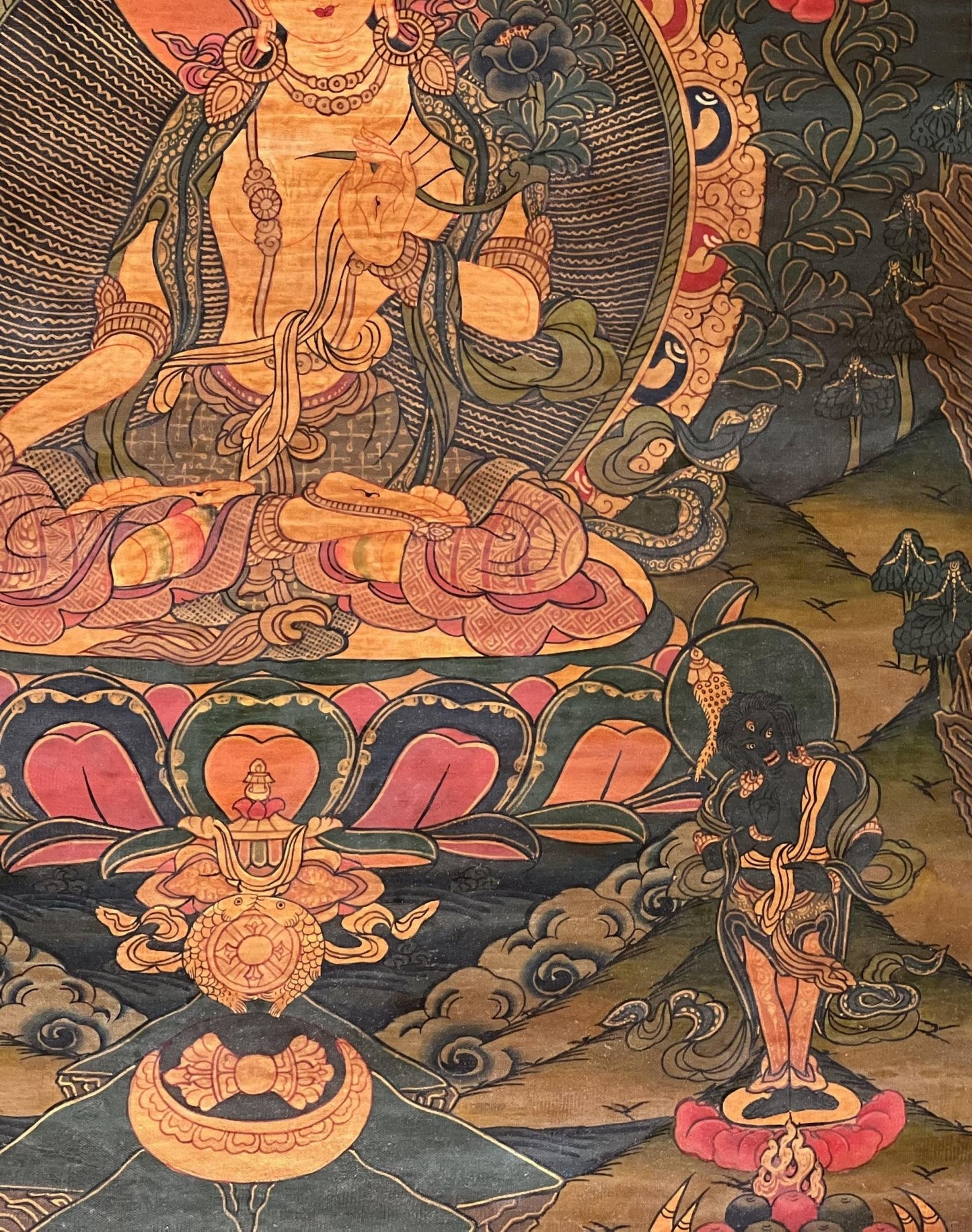 Hand - Painted White Tara Thangka - Semi - Antique Gold and Silver Tibetan Art for Compassion & Meditation - Silk Brocade Mounted - Tibetan Thangka Art
