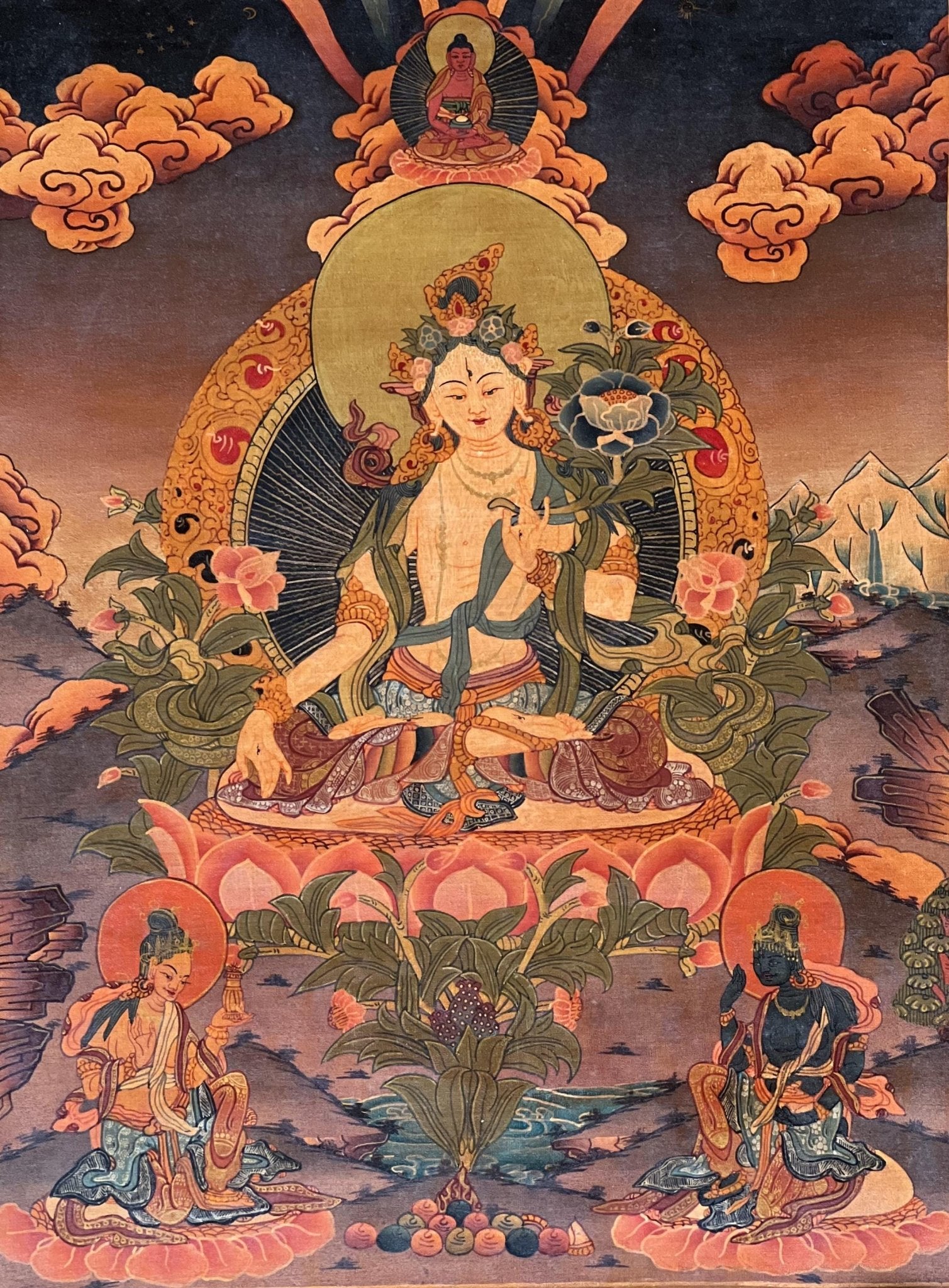 Hand - Painted White Tara Thangka - Semi - Antique Gold and Silver Tibetan Art for Compassion & Meditation - Silk Brocade Mounted - Tibetan Thangka Art