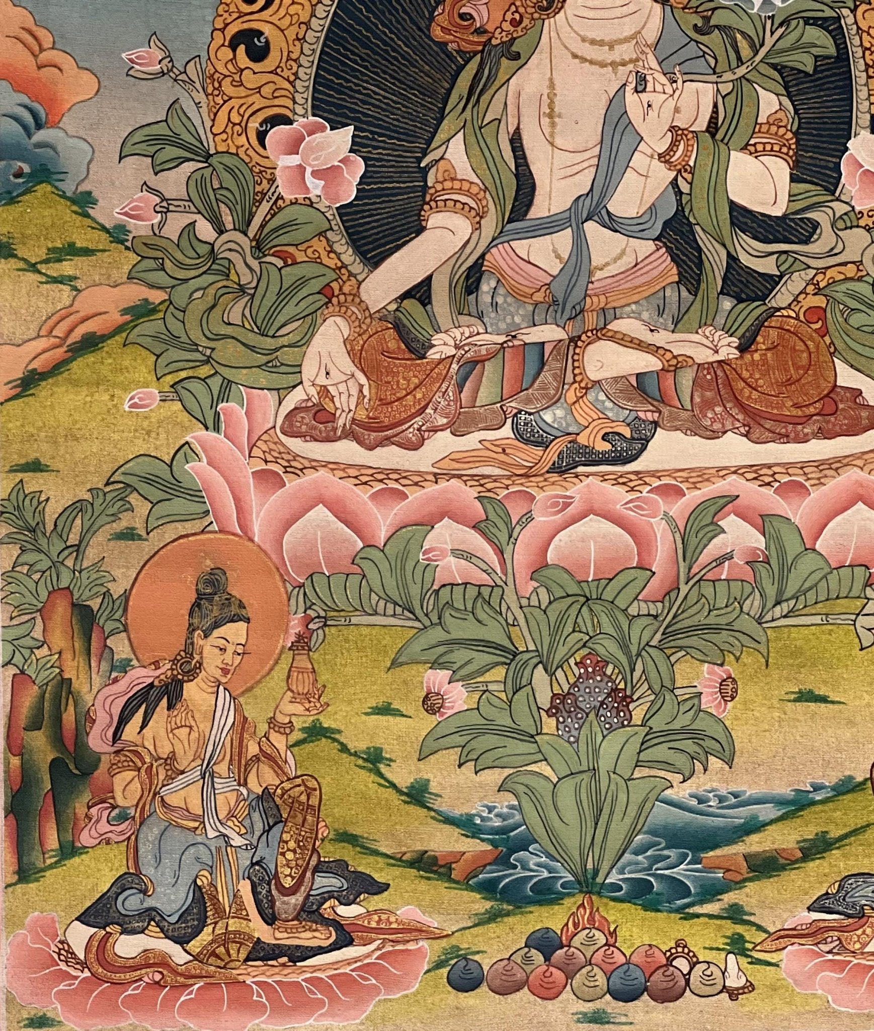 Hand - Painted White Tara Thangka | Semi - Antique Gold Tibetan Painting | Mother Goddess Art | Compassion Meditation Decor | Silk Mounted - Tibetan Thangka Art