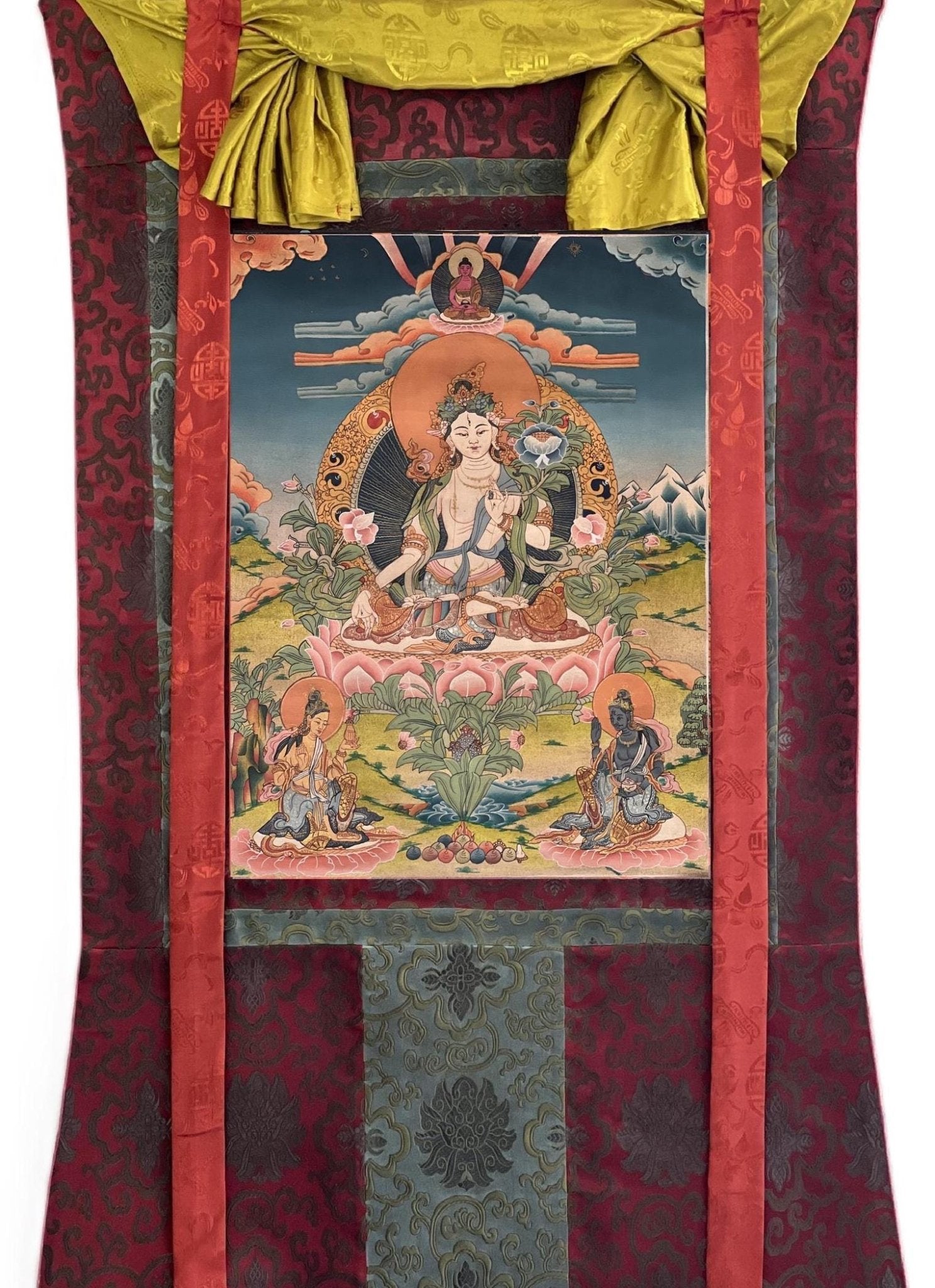 Hand - Painted White Tara Thangka | Semi - Antique Gold Tibetan Painting | Mother Goddess Art | Compassion Meditation Decor | Silk Mounted - Tibetan Thangka Art