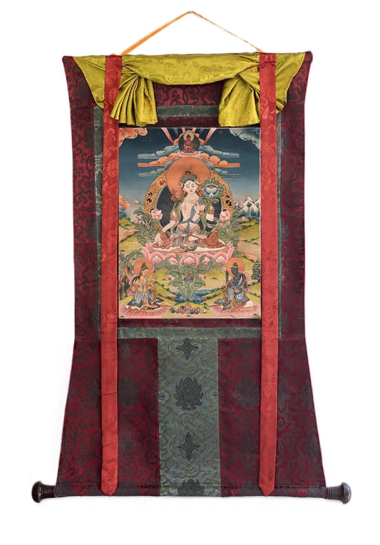 Hand - Painted White Tara Thangka | Semi - Antique Gold Tibetan Painting | Mother Goddess Art | Compassion Meditation Decor | Silk Mounted - Tibetan Thangka Art