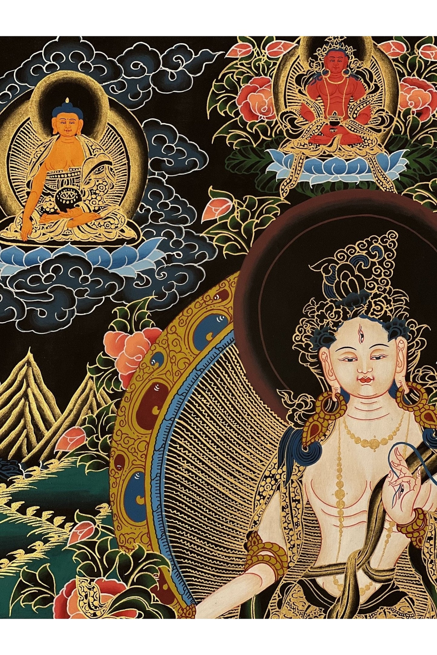 Hand Painted White Tara/Sitatara/ Mother Goddess Tibetan Thangka/Thanka Painting Original Art with Narrow Border - Tibetan Thangka Art