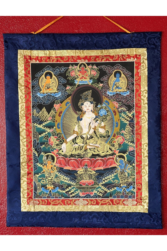 Hand Painted White Tara/Sitatara/ Mother Goddess Tibetan Thangka/Thanka Painting Original Art with Narrow Border - Tibetan Thangka Art