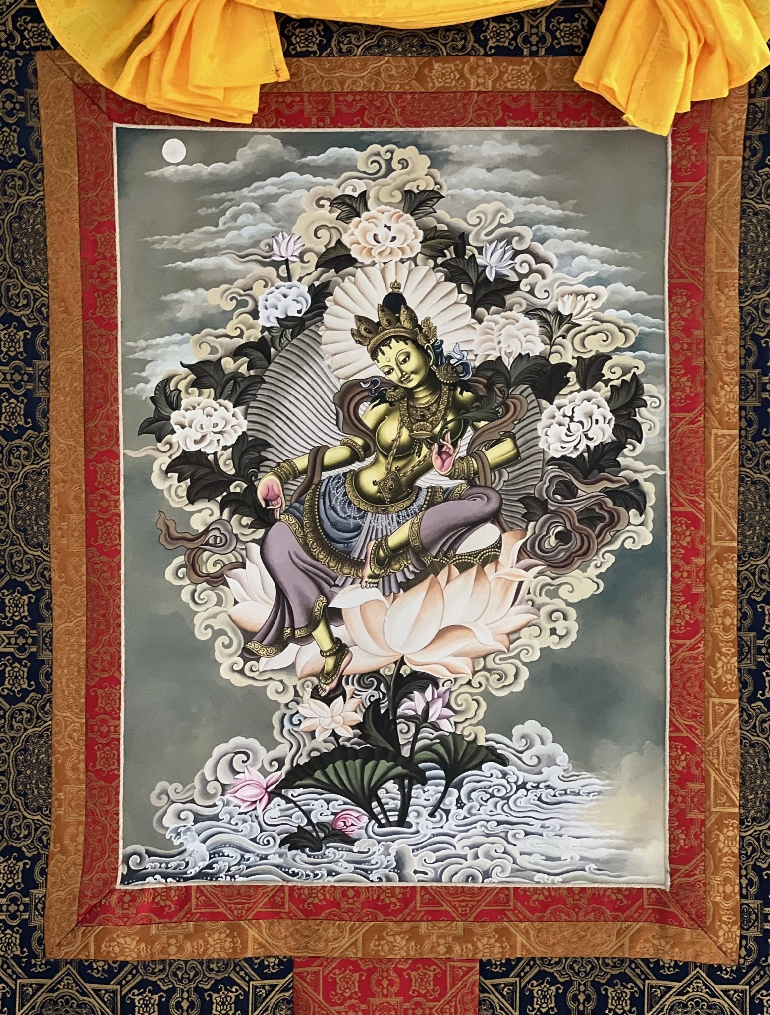 High - Quality Digital Giclée Print of an Original Green Tara Newari Paubha Thangka - Compassion Meditation Art with Premium Silk Brocade - Tibetan Thangka Art