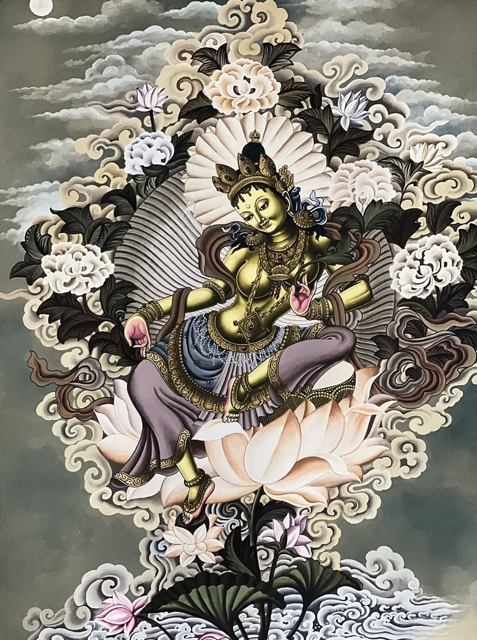 High - Quality Digital Giclée Print of an Original Green Tara Newari Paubha Thangka - Compassion Meditation Art with Premium Silk Brocade - Tibetan Thangka Art