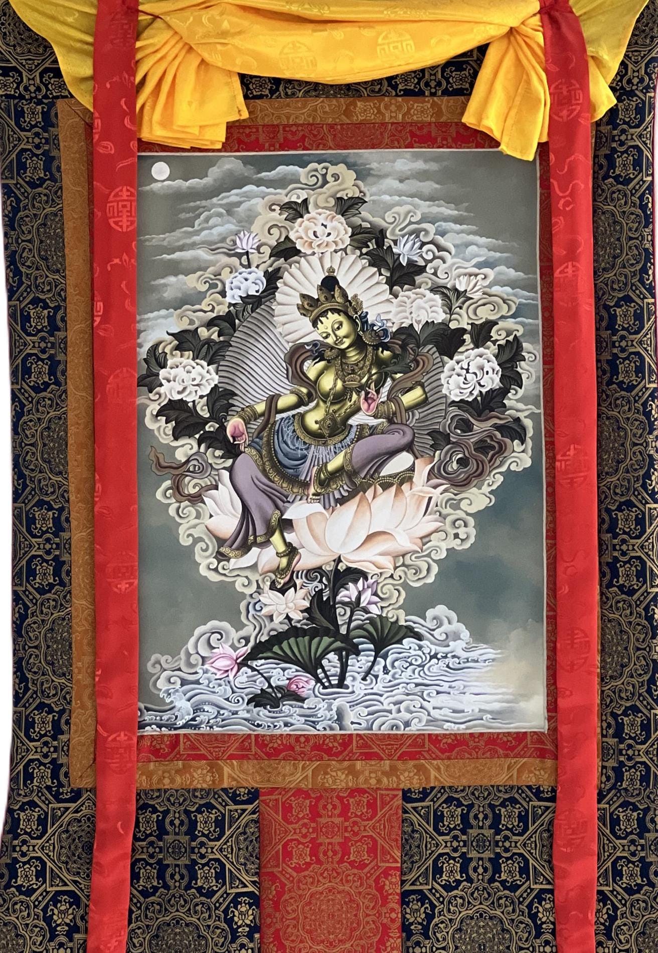 High - Quality Digital Giclée Print of an Original Green Tara Newari Paubha Thangka - Compassion Meditation Art with Premium Silk Brocade - Tibetan Thangka Art