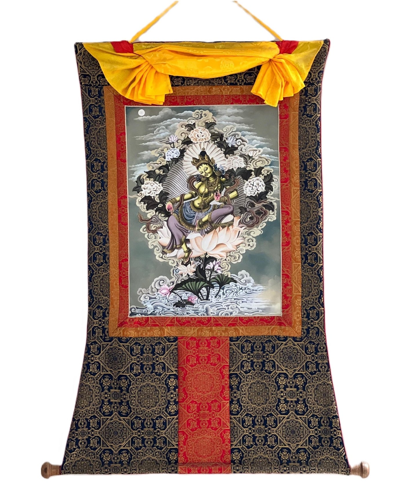 High - Quality Digital Giclée Print of an Original Green Tara Newari Paubha Thangka - Compassion Meditation Art with Premium Silk Brocade - Tibetan Thangka Art