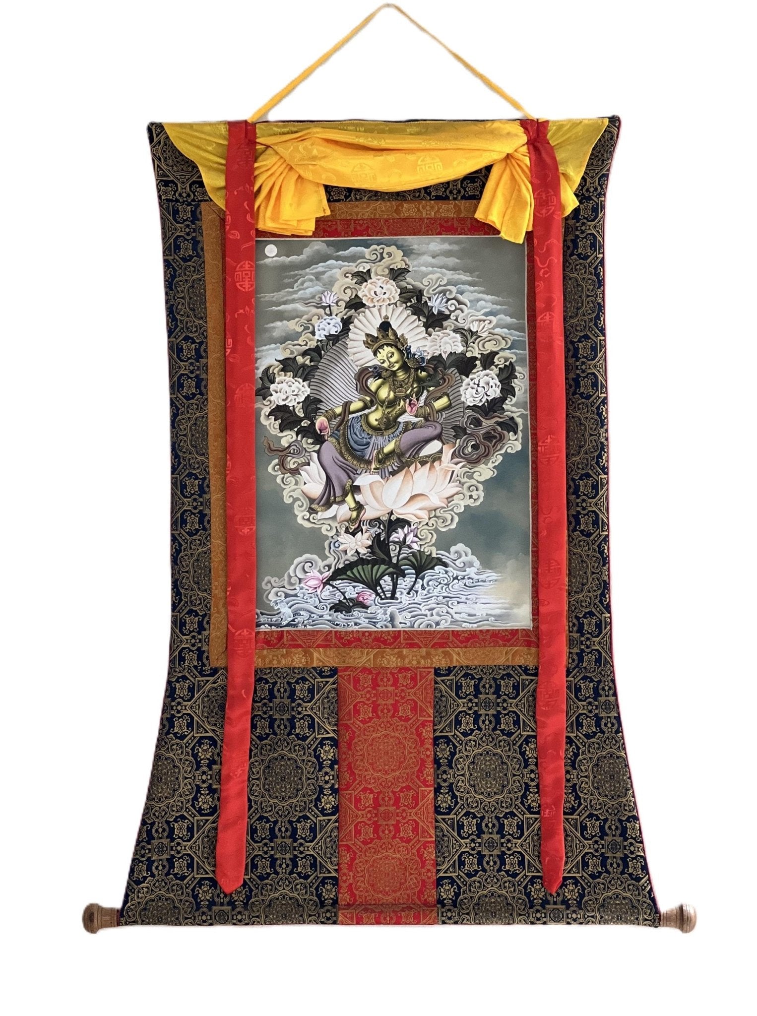 High - Quality Digital Giclée Print of an Original Green Tara Newari Paubha Thangka - Compassion Meditation Art with Premium Silk Brocade - Tibetan Thangka Art