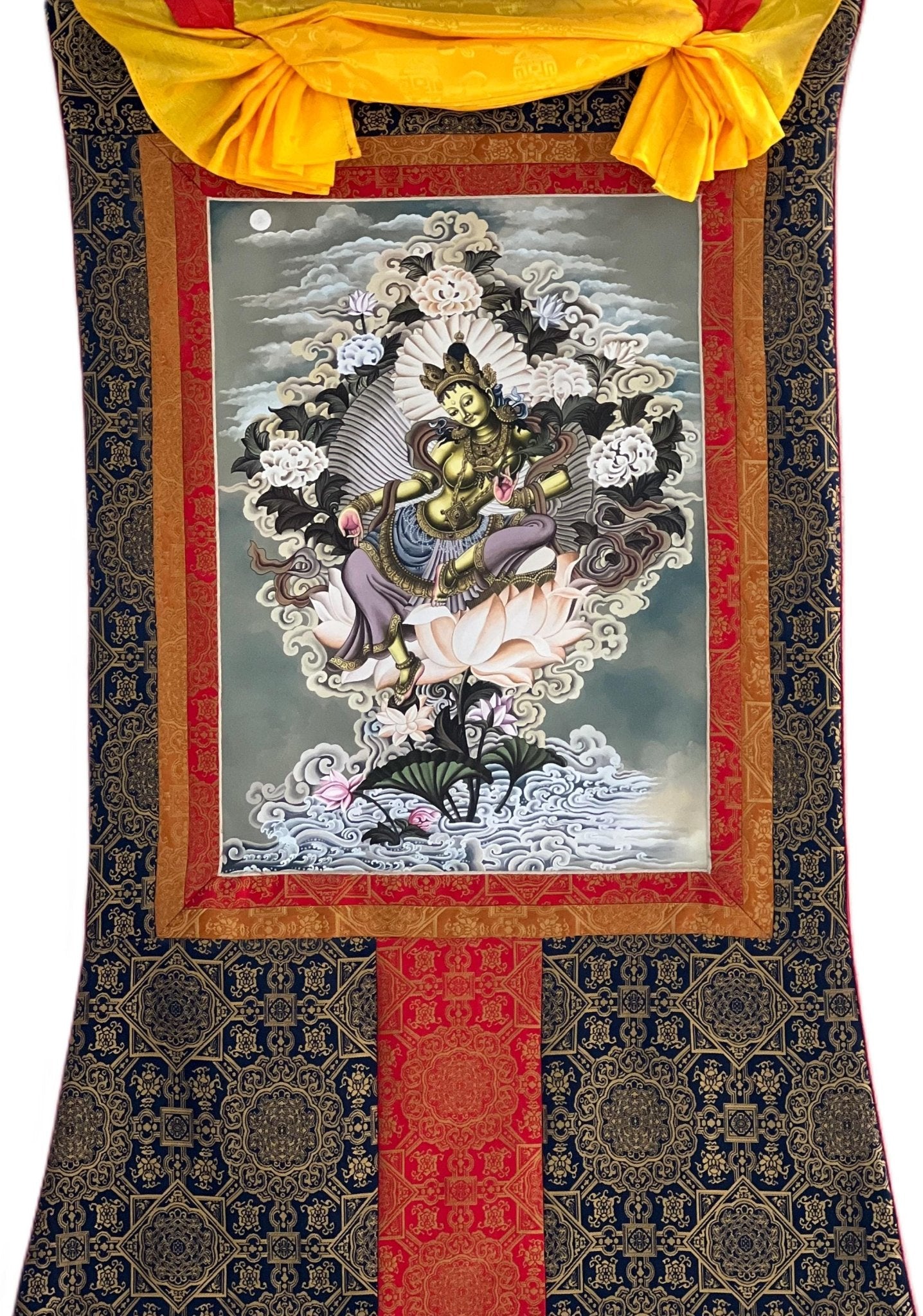 High - Quality Digital Giclée Print of an Original Green Tara Newari Paubha Thangka - Compassion Meditation Art with Premium Silk Brocade - Tibetan Thangka Art
