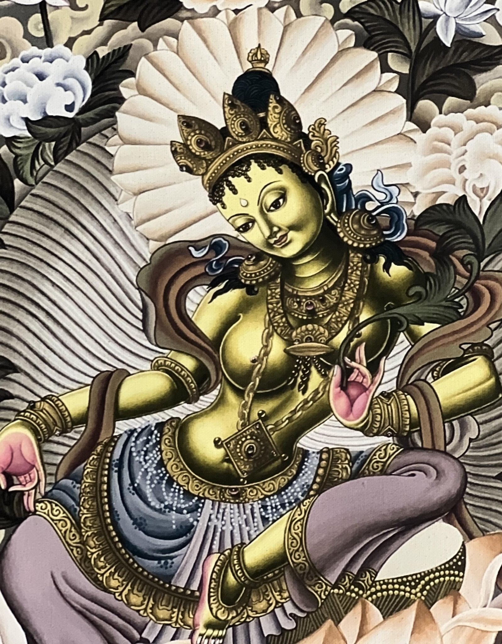 High - Quality Digital Giclée Print of an Original Green Tara Newari Paubha Thangka - Compassion Meditation Art with Premium Silk Brocade - Tibetan Thangka Art
