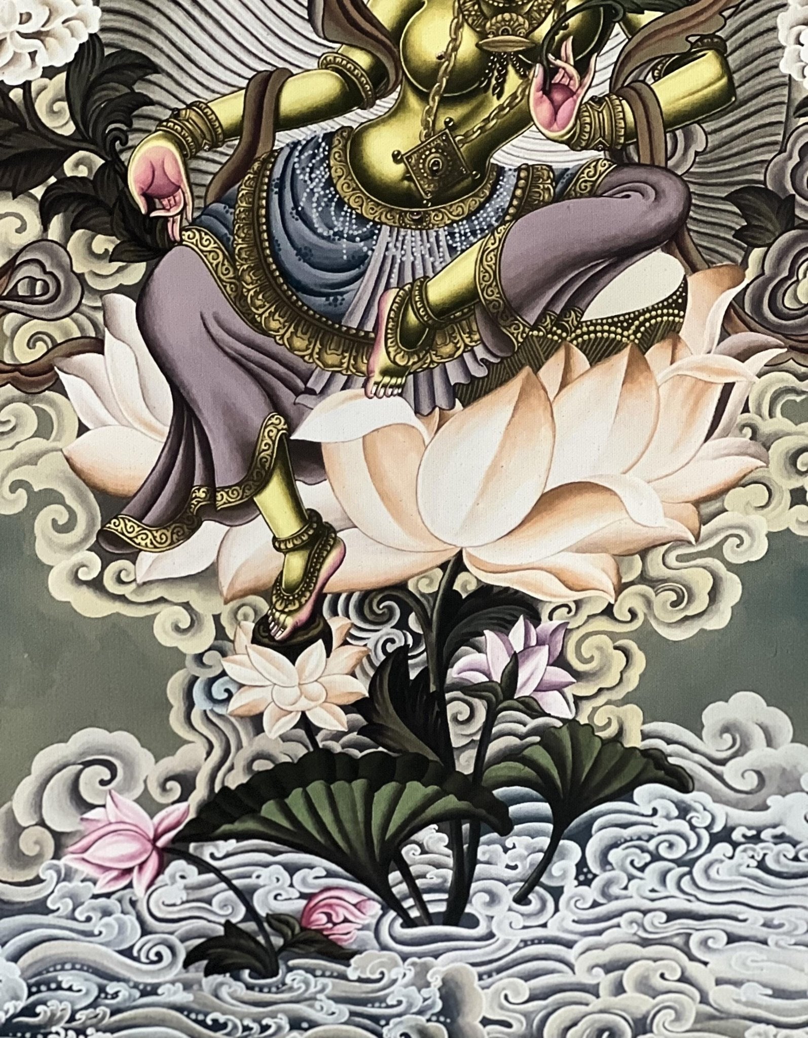 High - Quality Digital Giclée Print of an Original Green Tara Newari Paubha Thangka - Compassion Meditation Art with Premium Silk Brocade - Tibetan Thangka Art