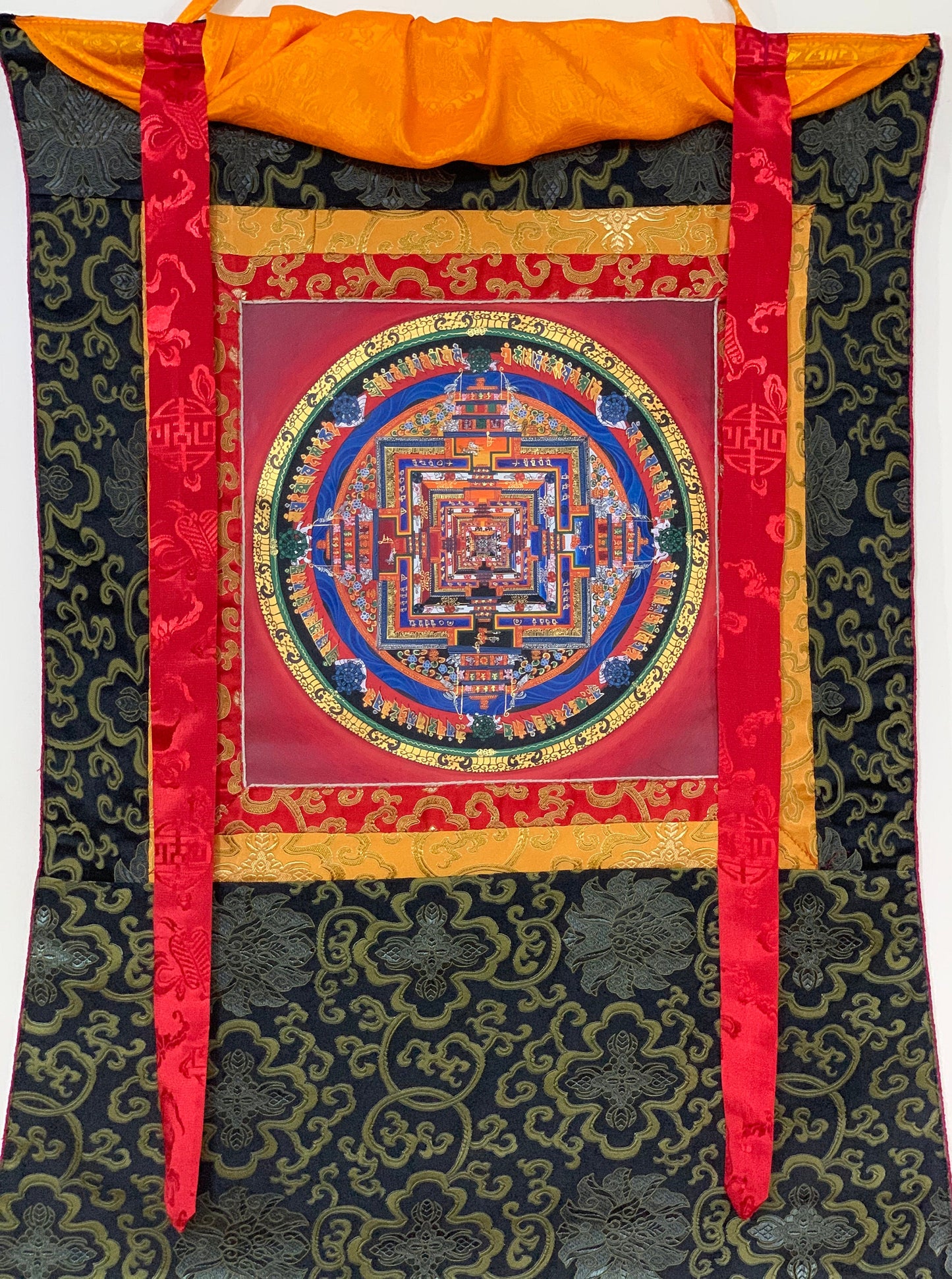 Hand-painted Original Kalachakra Mandala Tibetan Thangka, Painting, Art  with Silk Brocade